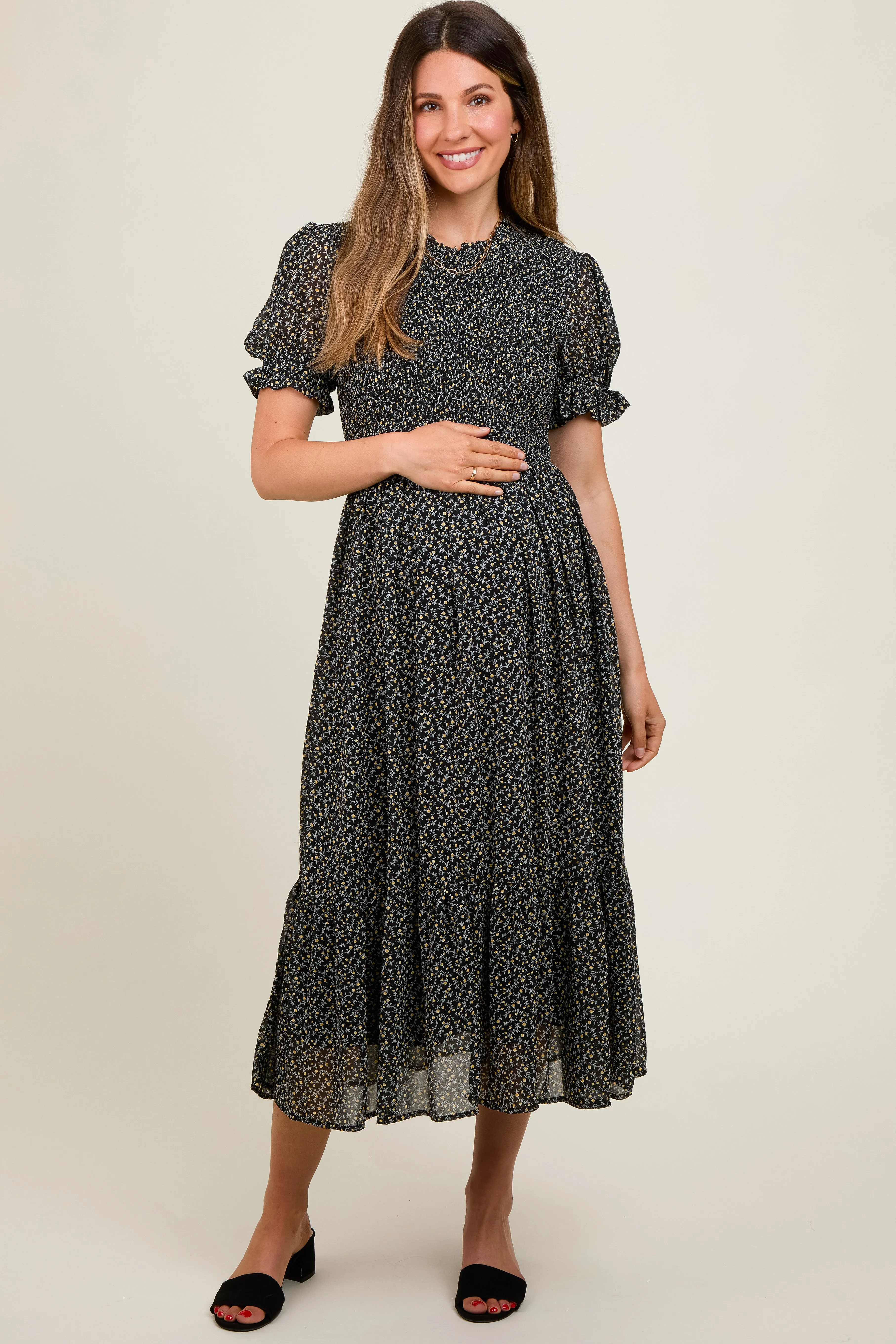 Black Printed Smocked Maternity Midi Dress sold by Pinkblush