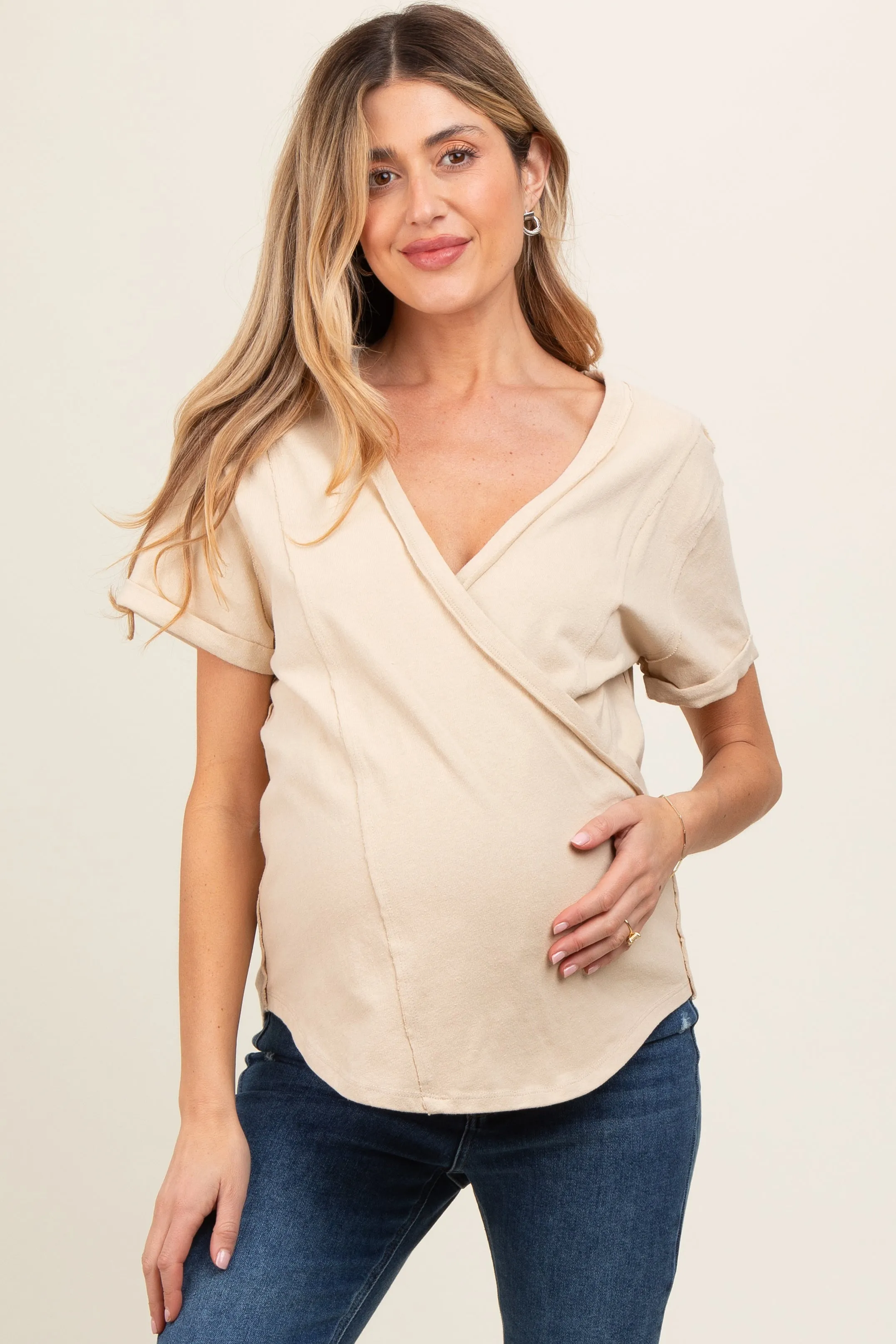Beige Wrap Short Sleeve Raw Hem Maternity Top sold by Pinkblush