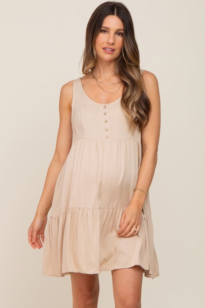 Beige Sleeveless Tiered Maternity Dress sold by Pinkblush product image thumbnail 2