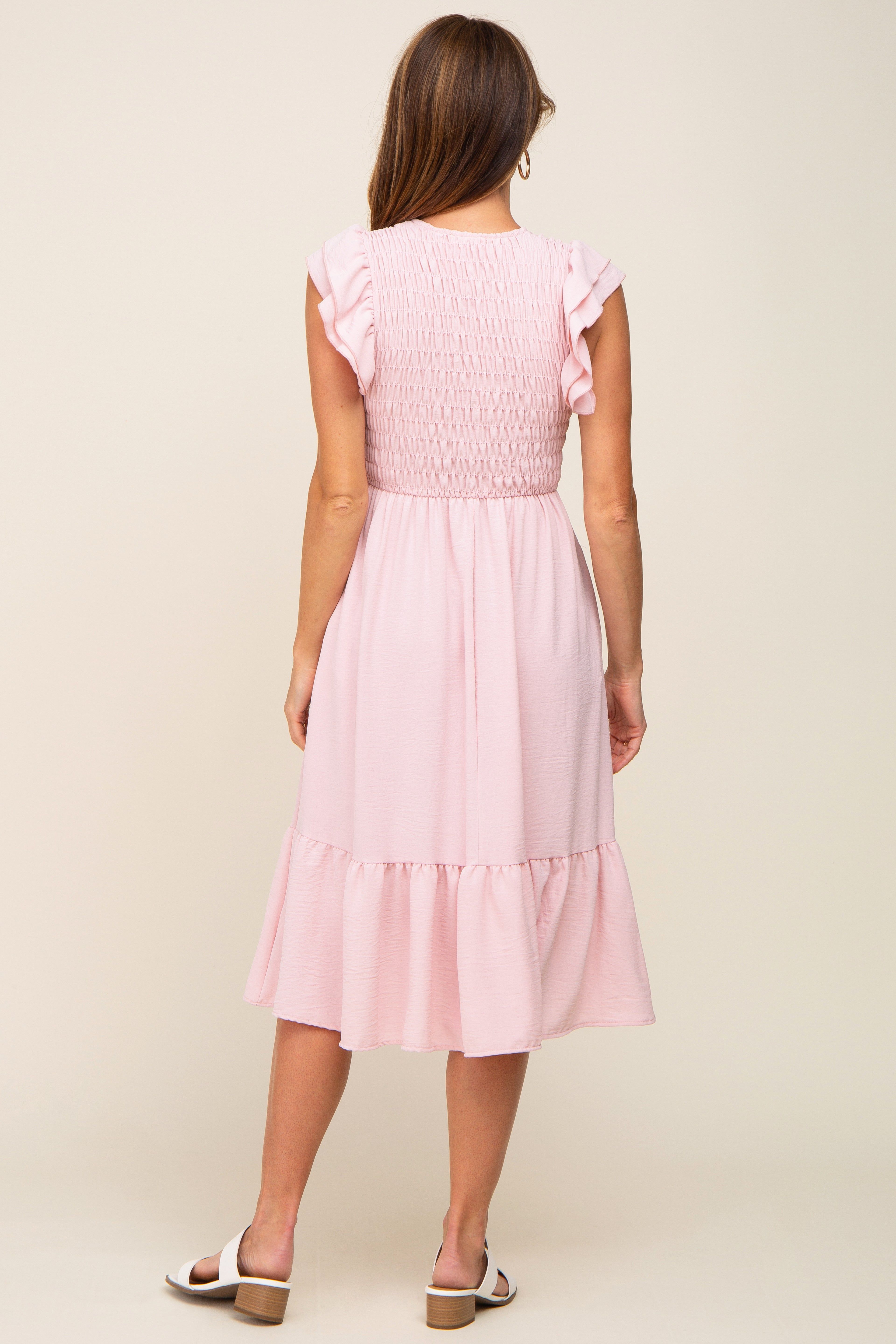 Light Pink Smocked Layered Ruffle Flutter Sleeve Midi Dress sold by Pinkblush product image thumbnail 3