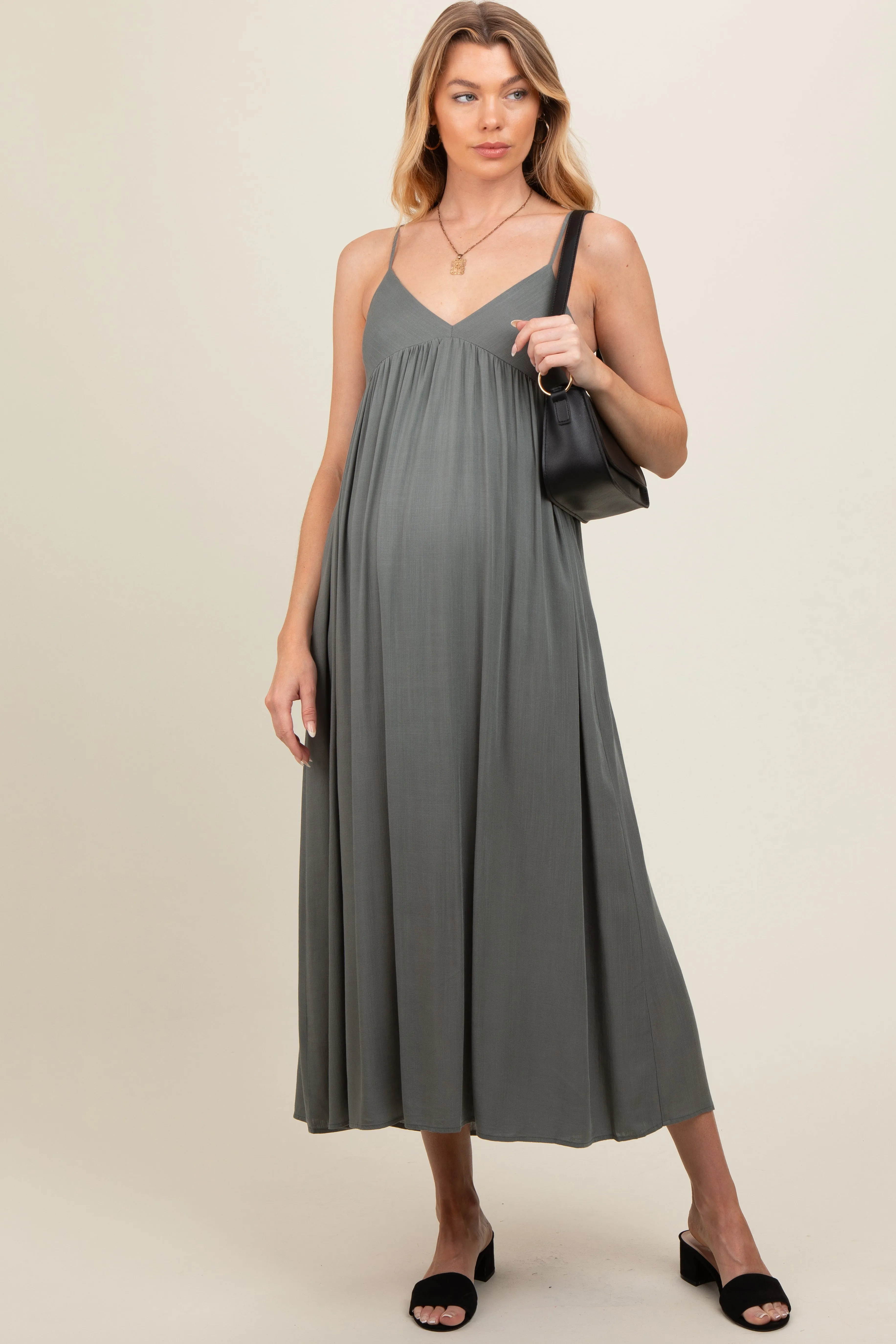Light Olive V-Neck Sleeveless Maternity Midi Dress sold by Pinkblush