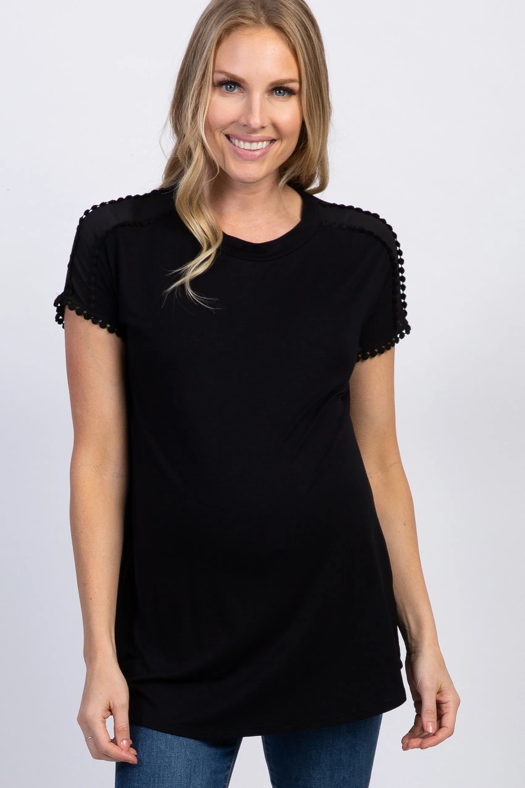 Black Crochet Tassel Trim Maternity Top sold by Pinkblush