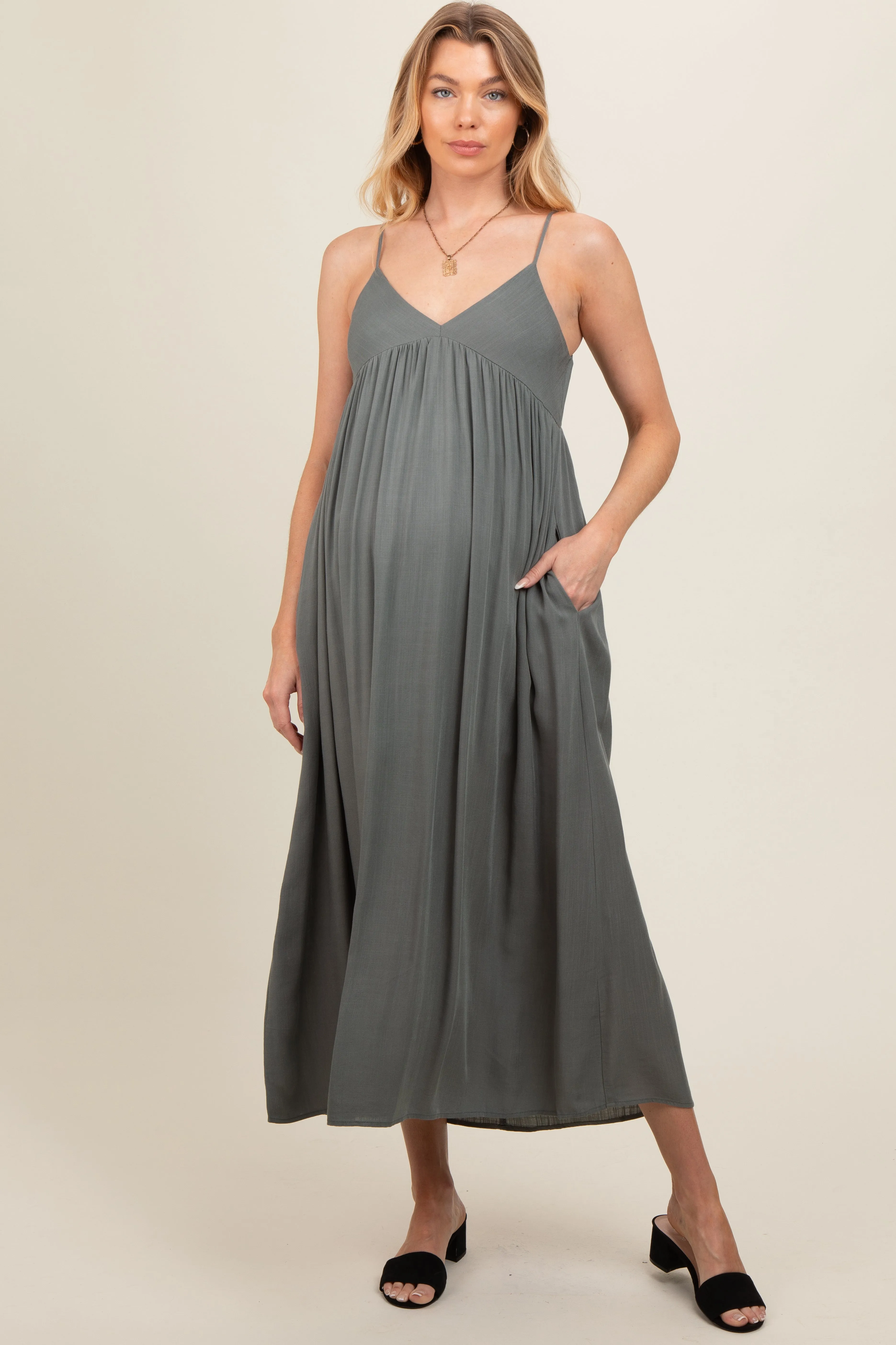 Light Olive V-Neck Sleeveless Maternity Midi Dress sold by Pinkblush product image thumbnail 2