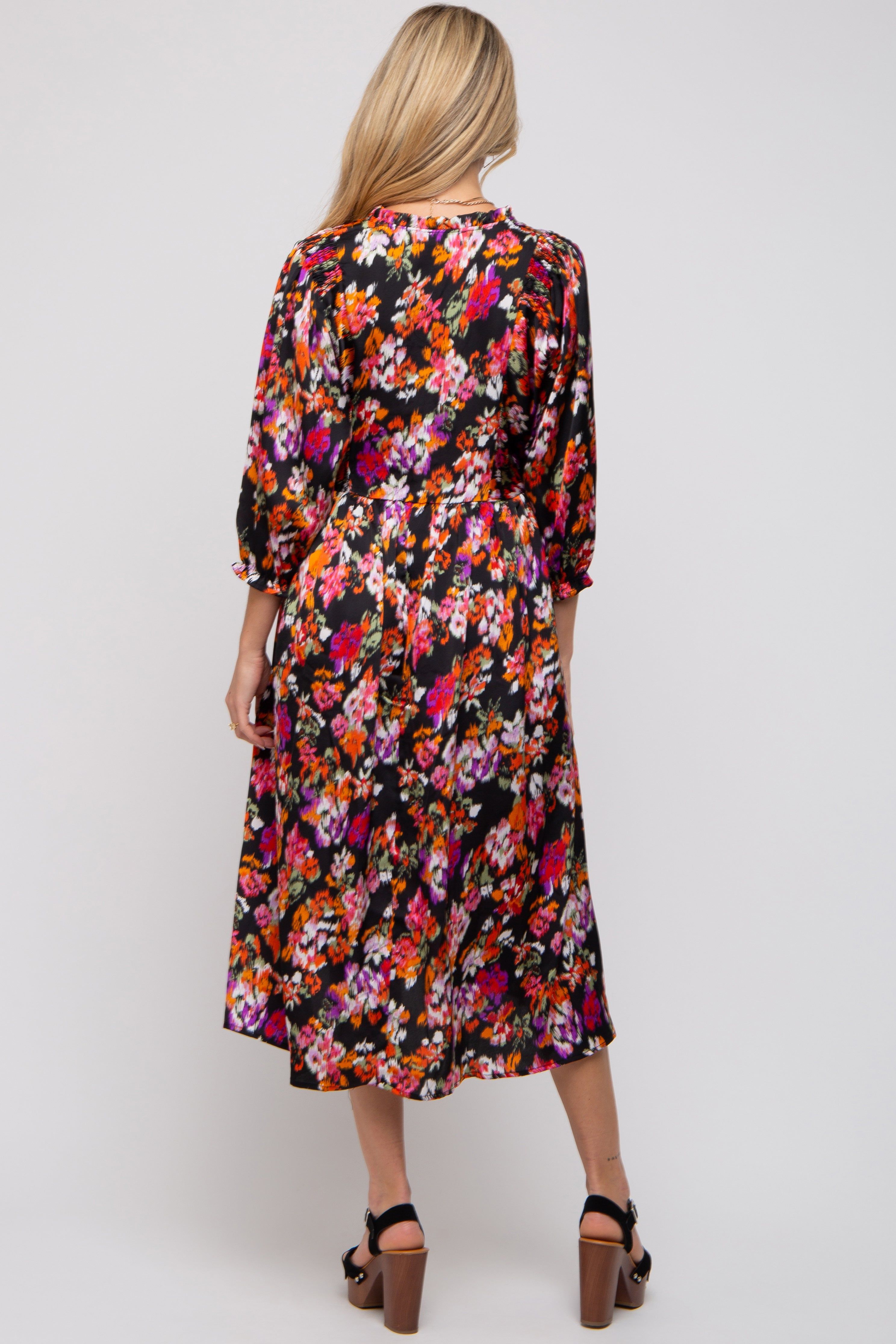 Black Floral Satin Ruffle Neck Maternity Midi Dress sold by Pinkblush product image thumbnail 3