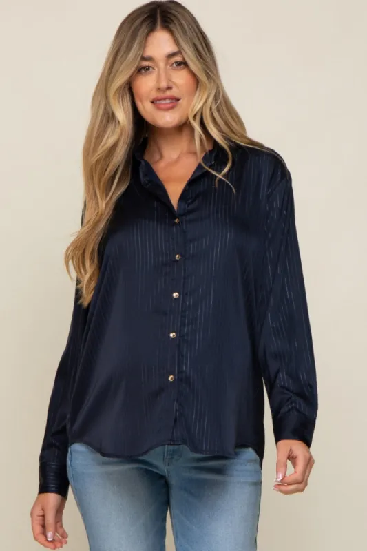 Navy Metallic Stripe Satin Maternity Long Sleeve Blouse sold by Pinkblush