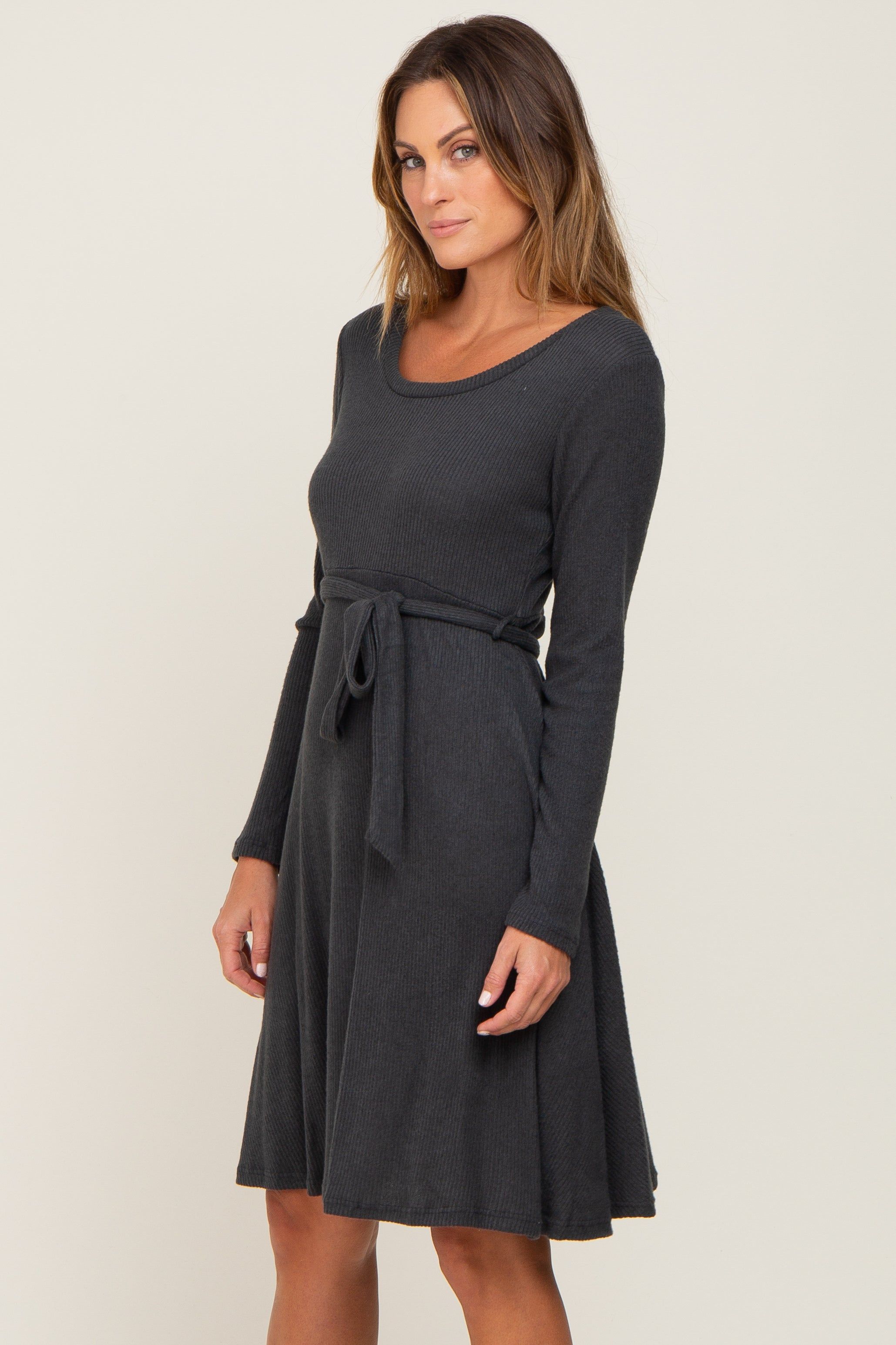 Charcoal Soft Rib Knit Sash Tie Dress sold by Pinkblush product image thumbnail 3