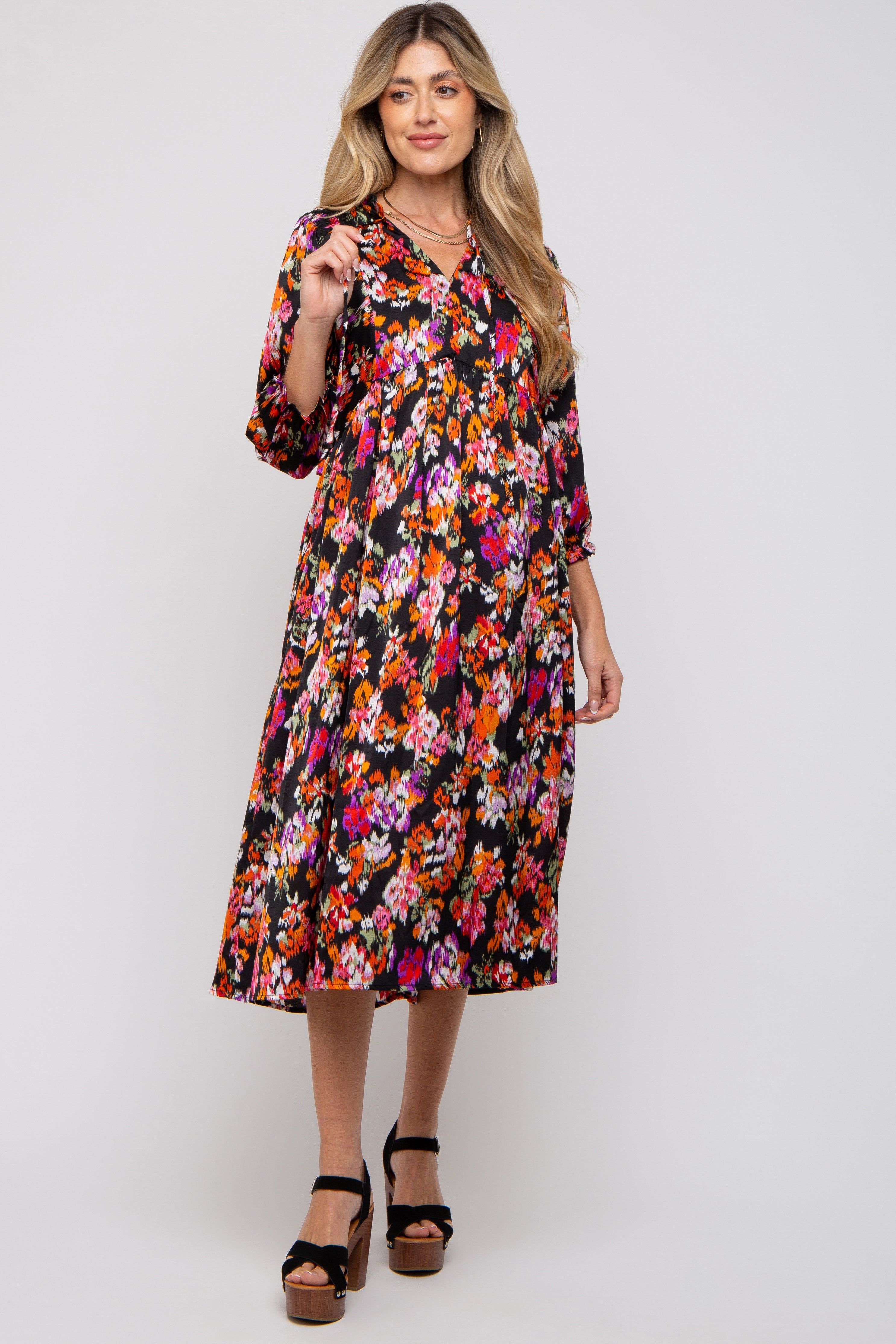 Black Floral Satin Ruffle Neck Maternity Midi Dress sold by Pinkblush