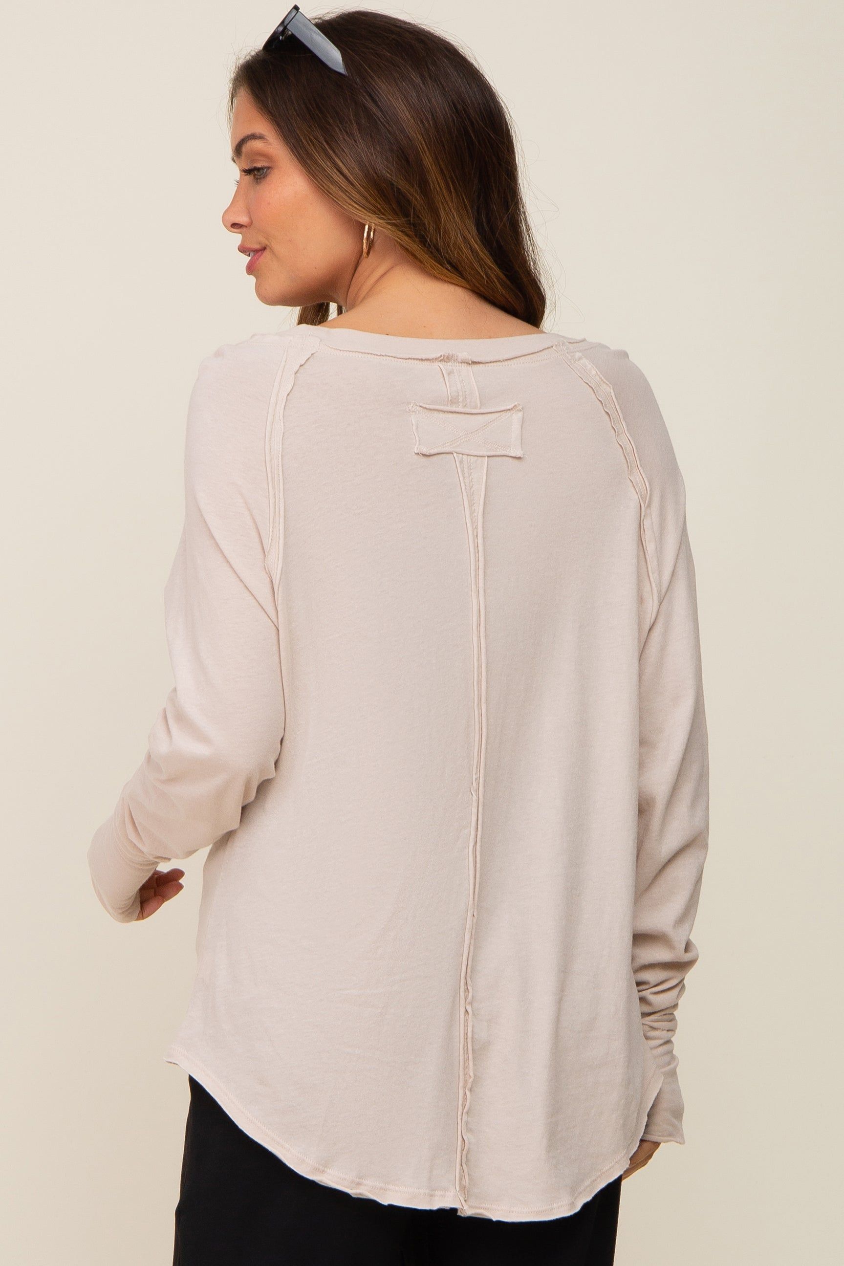 Beige Exposed Seam Long Sleeve Maternity Top sold by Pinkblush product image thumbnail 4