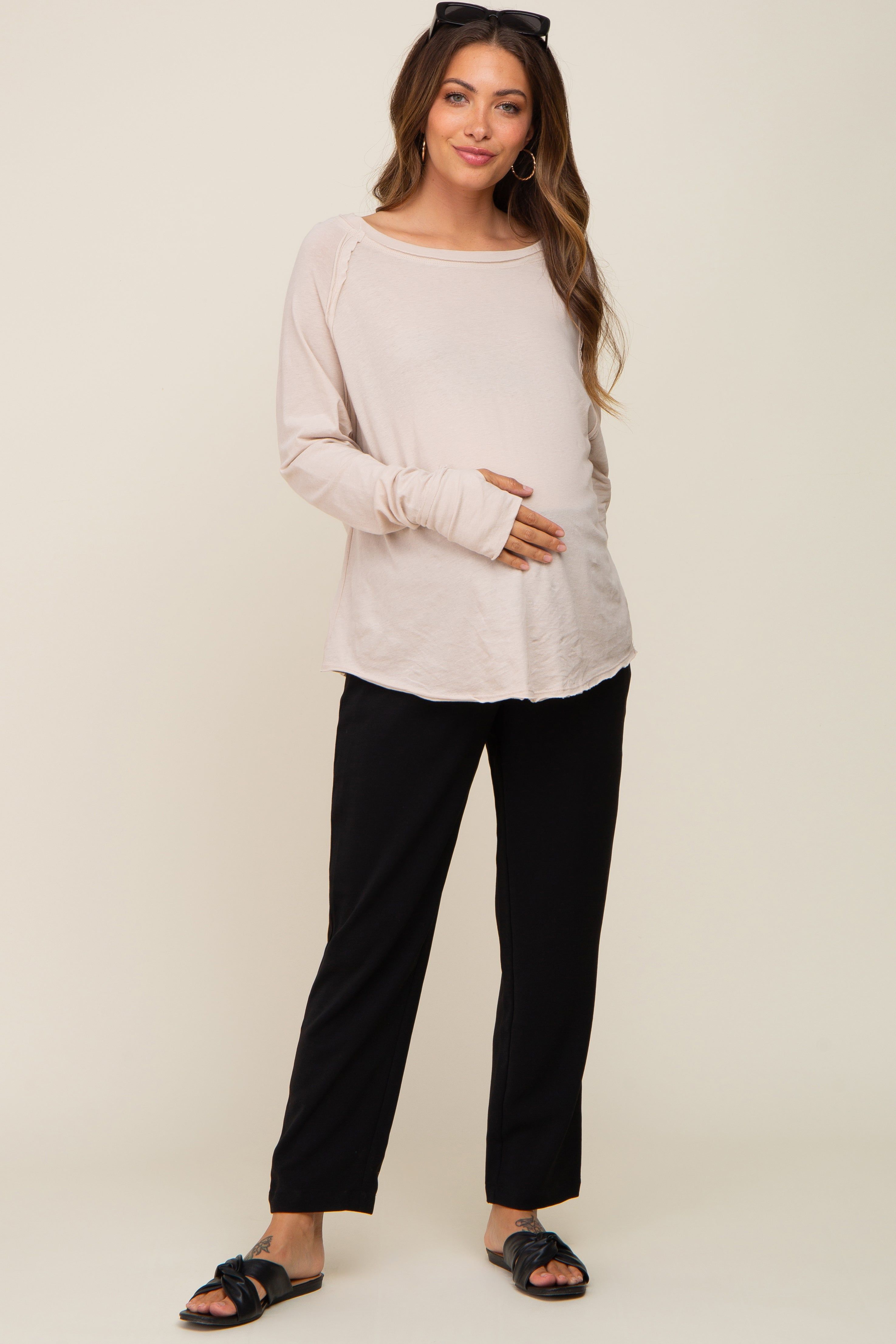 Beige Exposed Seam Long Sleeve Maternity Top sold by Pinkblush