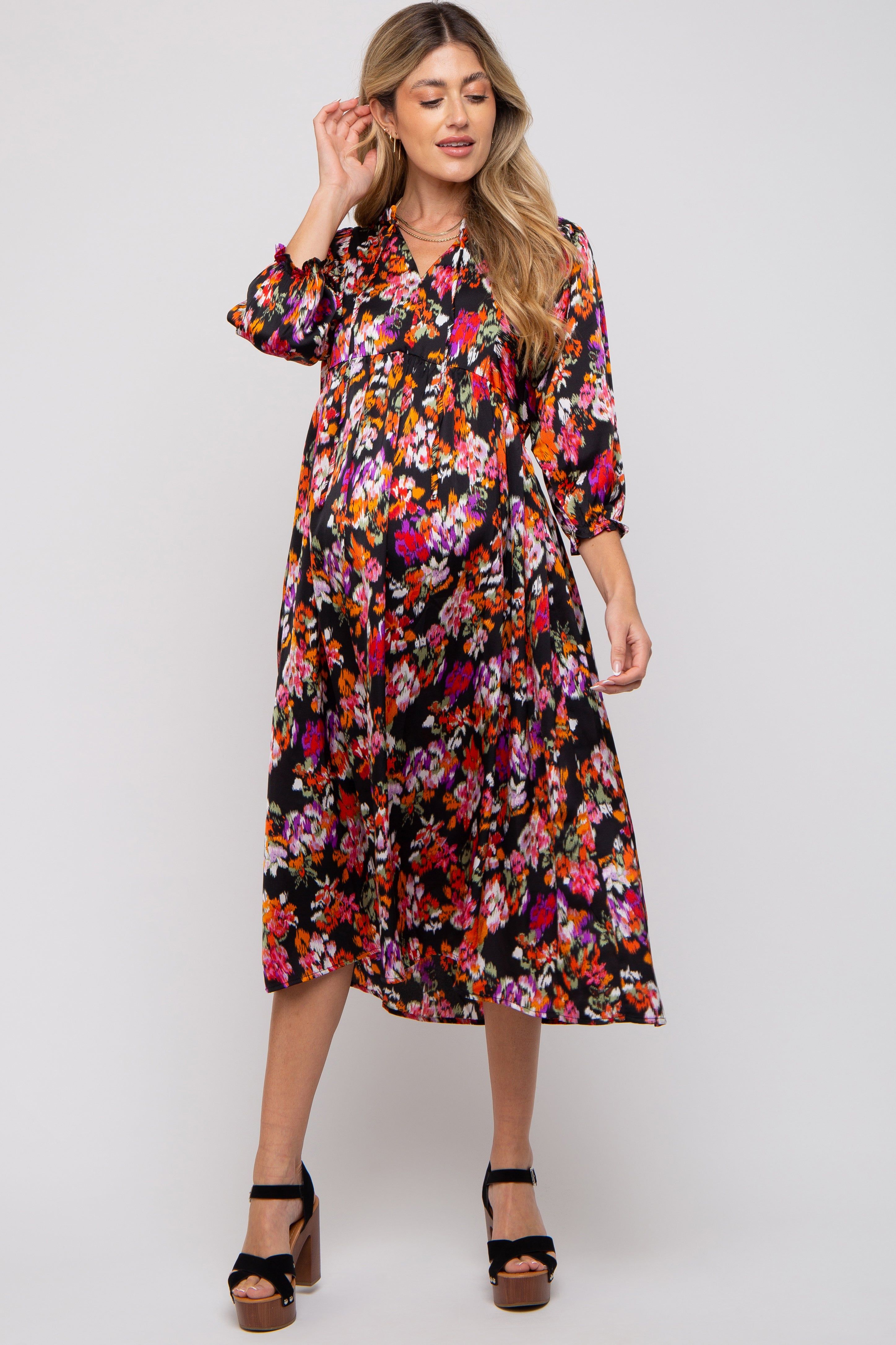 Black Floral Satin Ruffle Neck Maternity Midi Dress sold by Pinkblush product image thumbnail 5