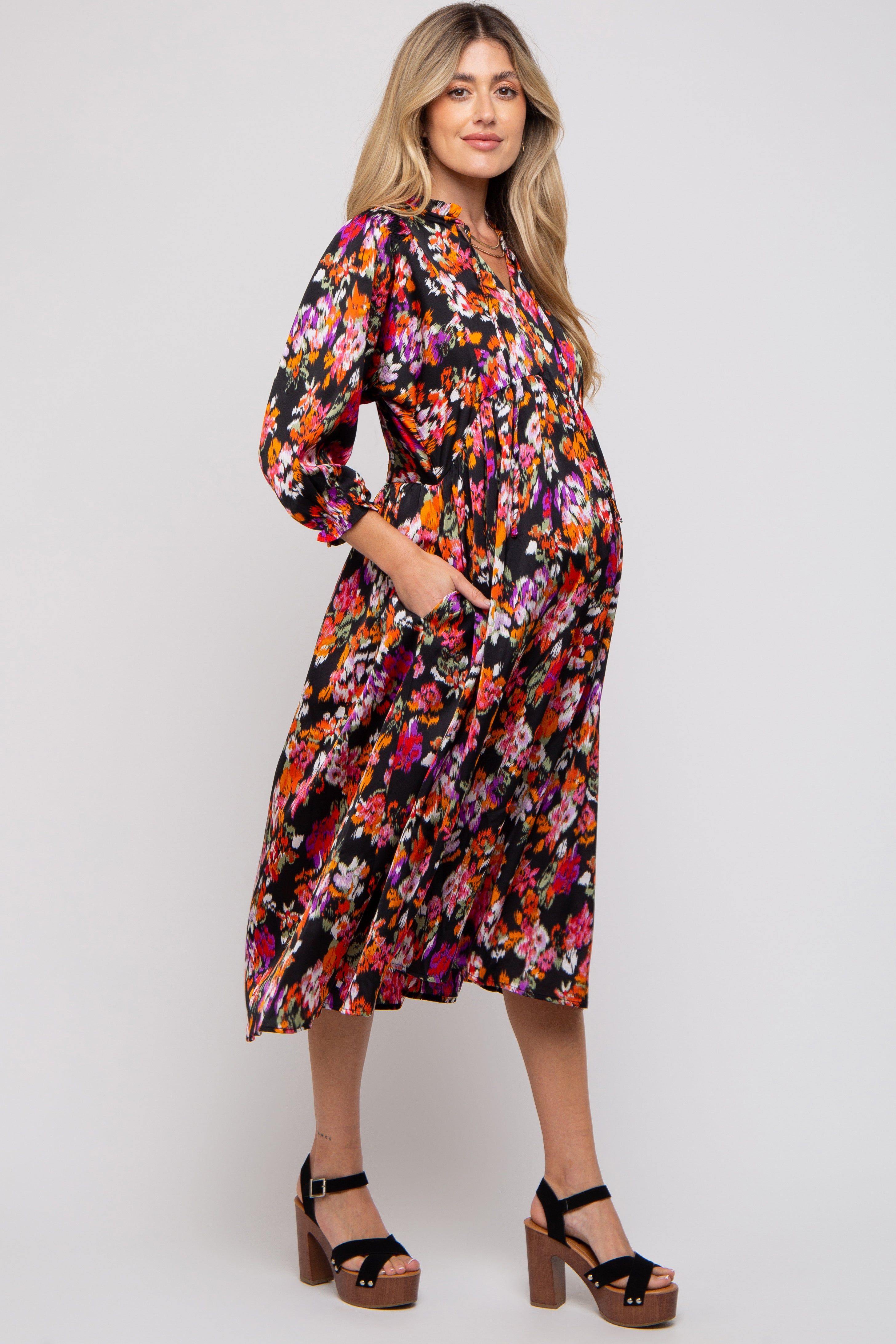 Black Floral Satin Ruffle Neck Maternity Midi Dress sold by Pinkblush product image thumbnail 2