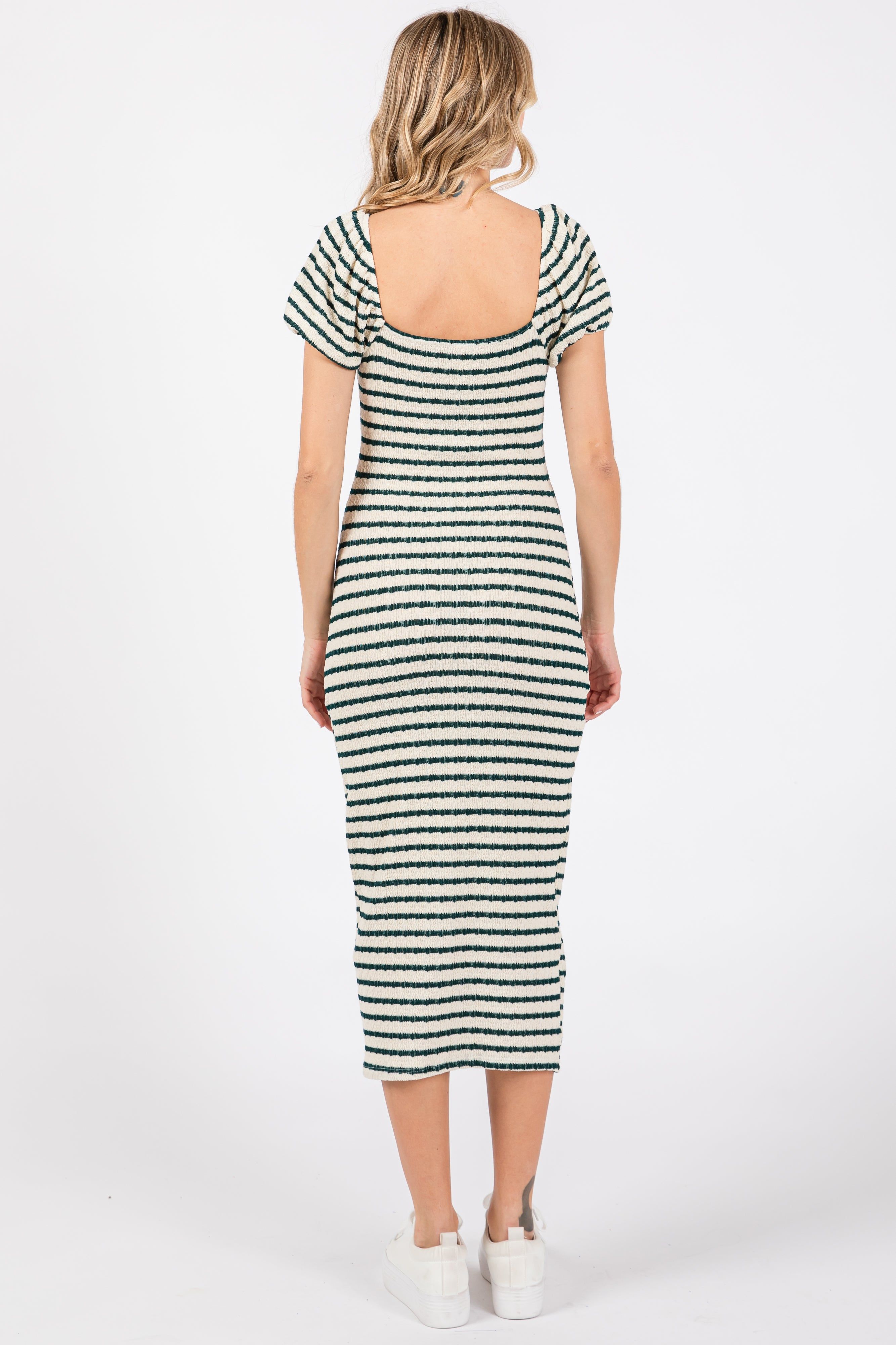 Forest Green Striped Drawstring Ruched Front Midi Dress sold by Pinkblush product image thumbnail 3