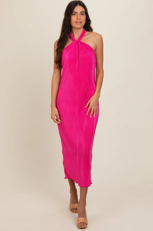 Fuchsia Knot Front Plisse Halter Midi Dress sold by Pinkblush