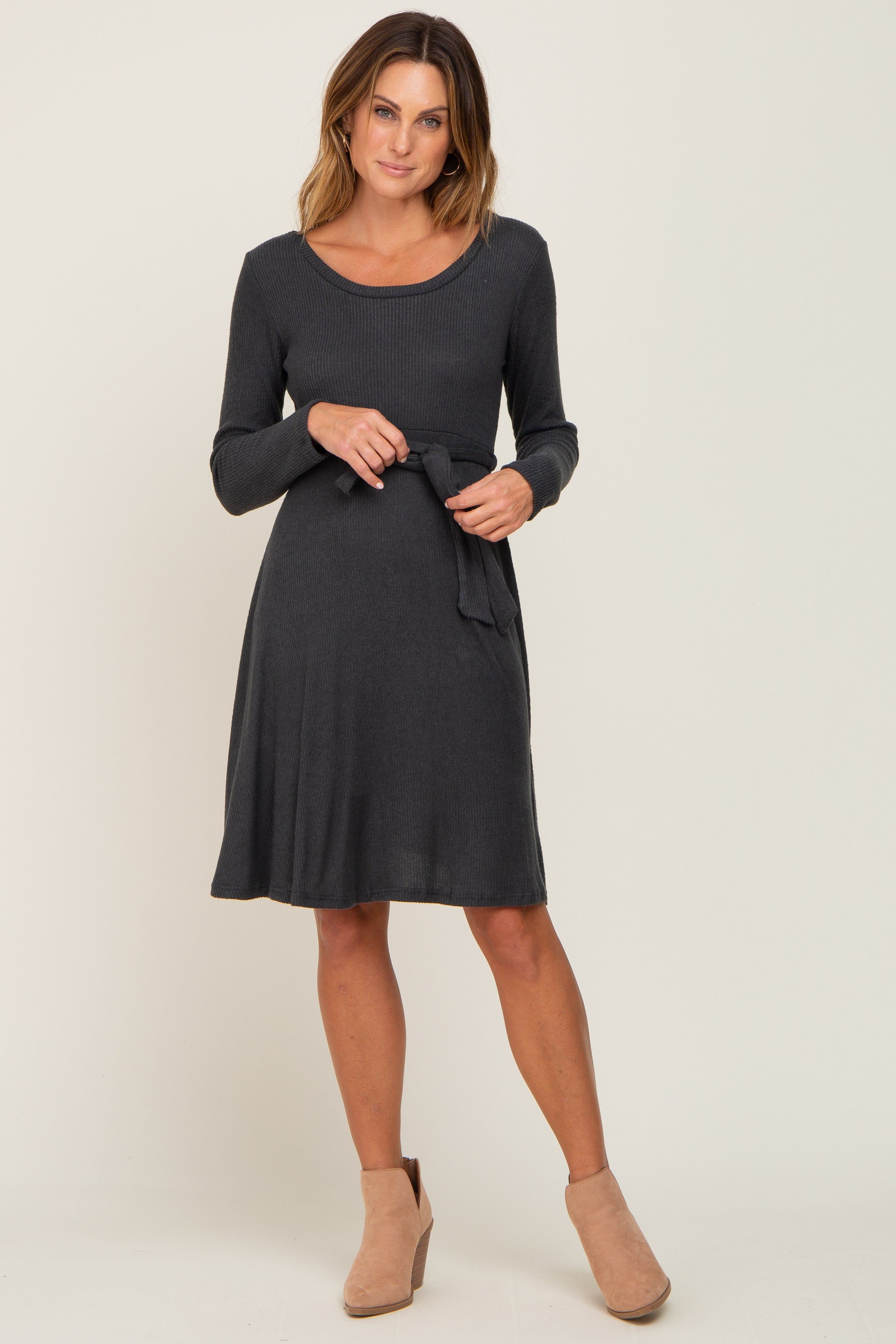 Charcoal Soft Rib Knit Sash Tie Dress sold by Pinkblush product image thumbnail 5