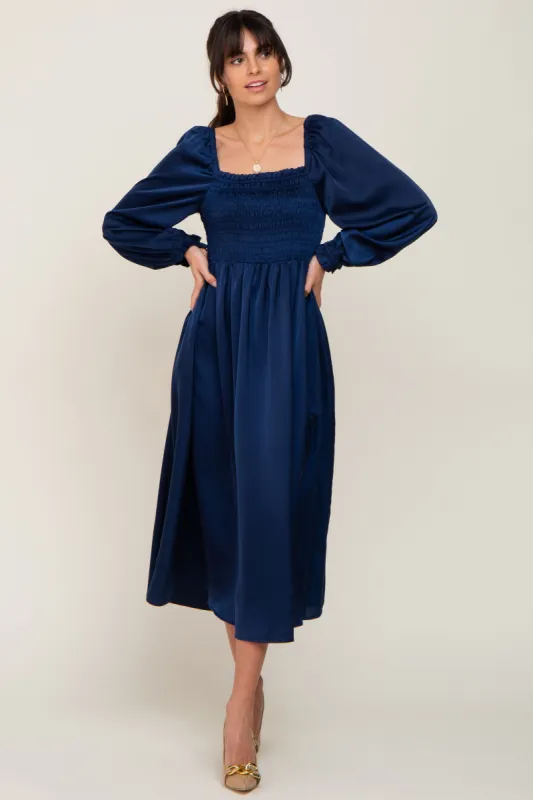 Navy Blue Smocked Square Neck Satin Midi Dress sold by Pinkblush