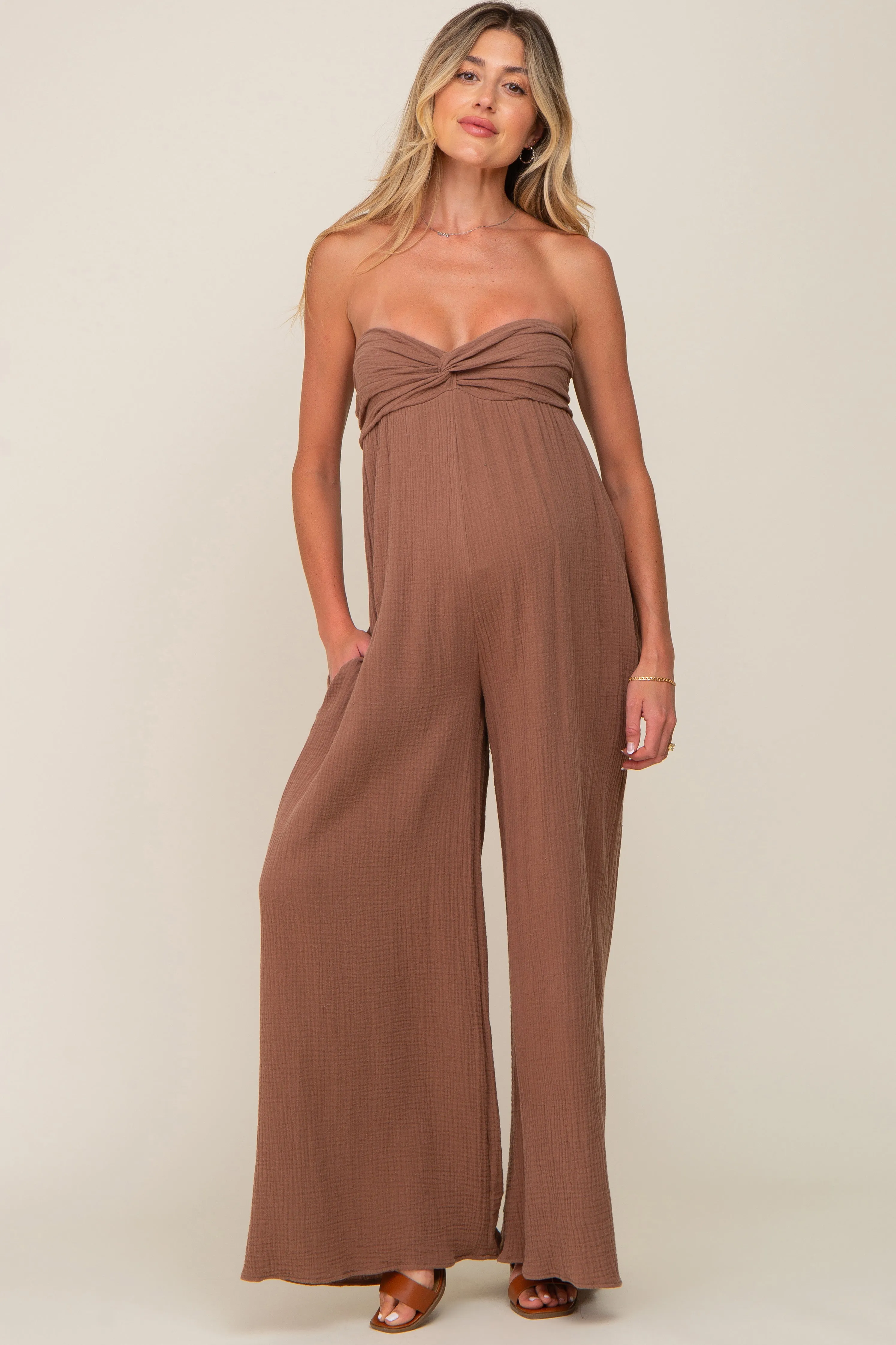 Mocha Strapless Front Twist Maternity Jumpsuit sold by Pinkblush