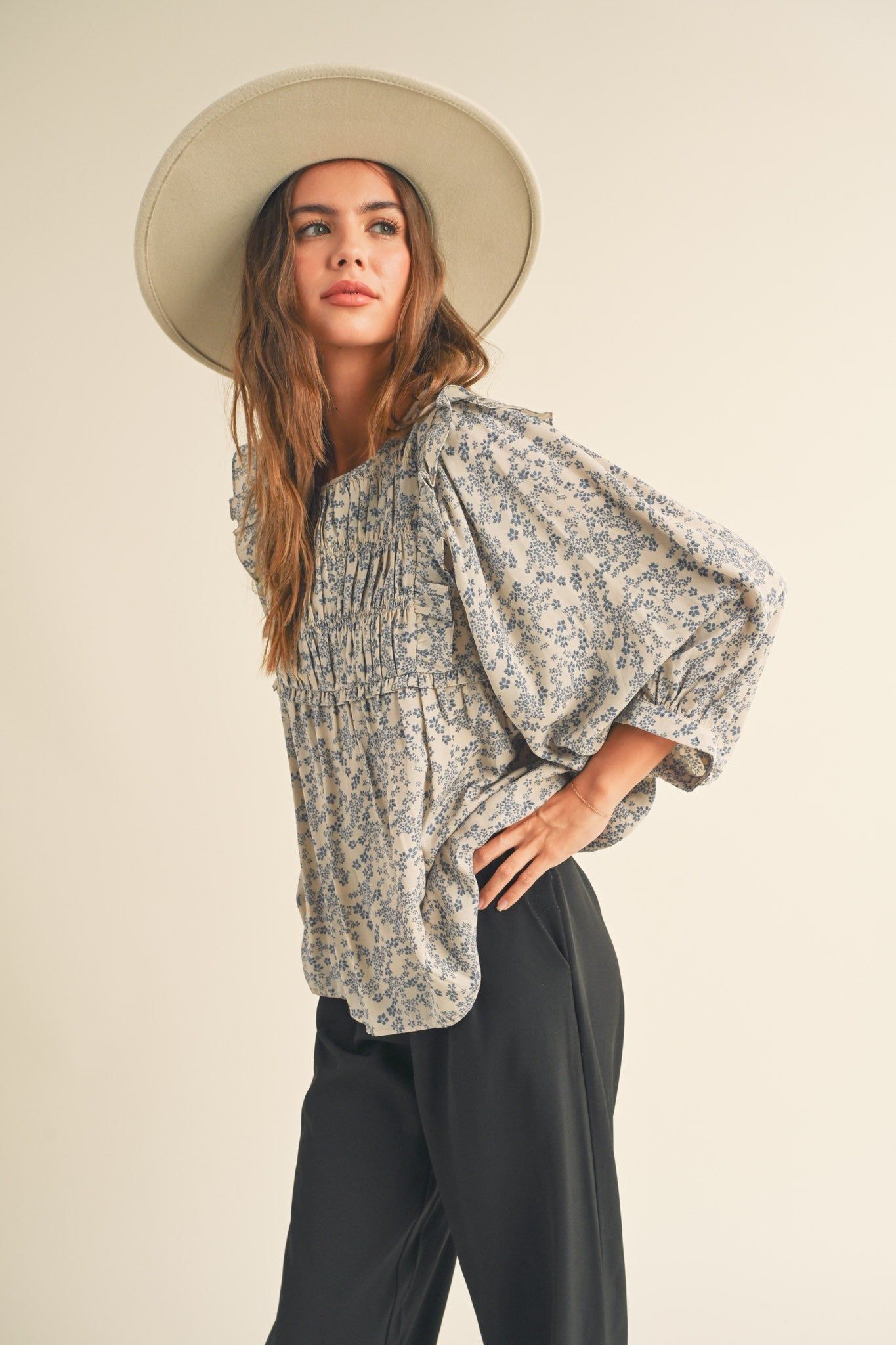 Cream Tan Floral Floral Ruffle Blouse sold by Pinkblush product image thumbnail 2