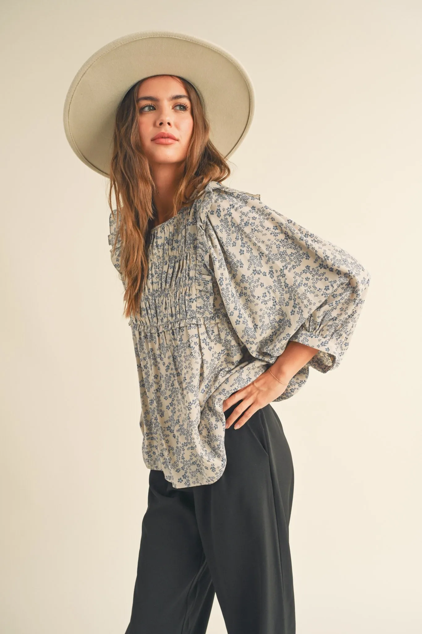 Blue Floral Ruffle Blouse sold by Pinkblush product image thumbnail 2