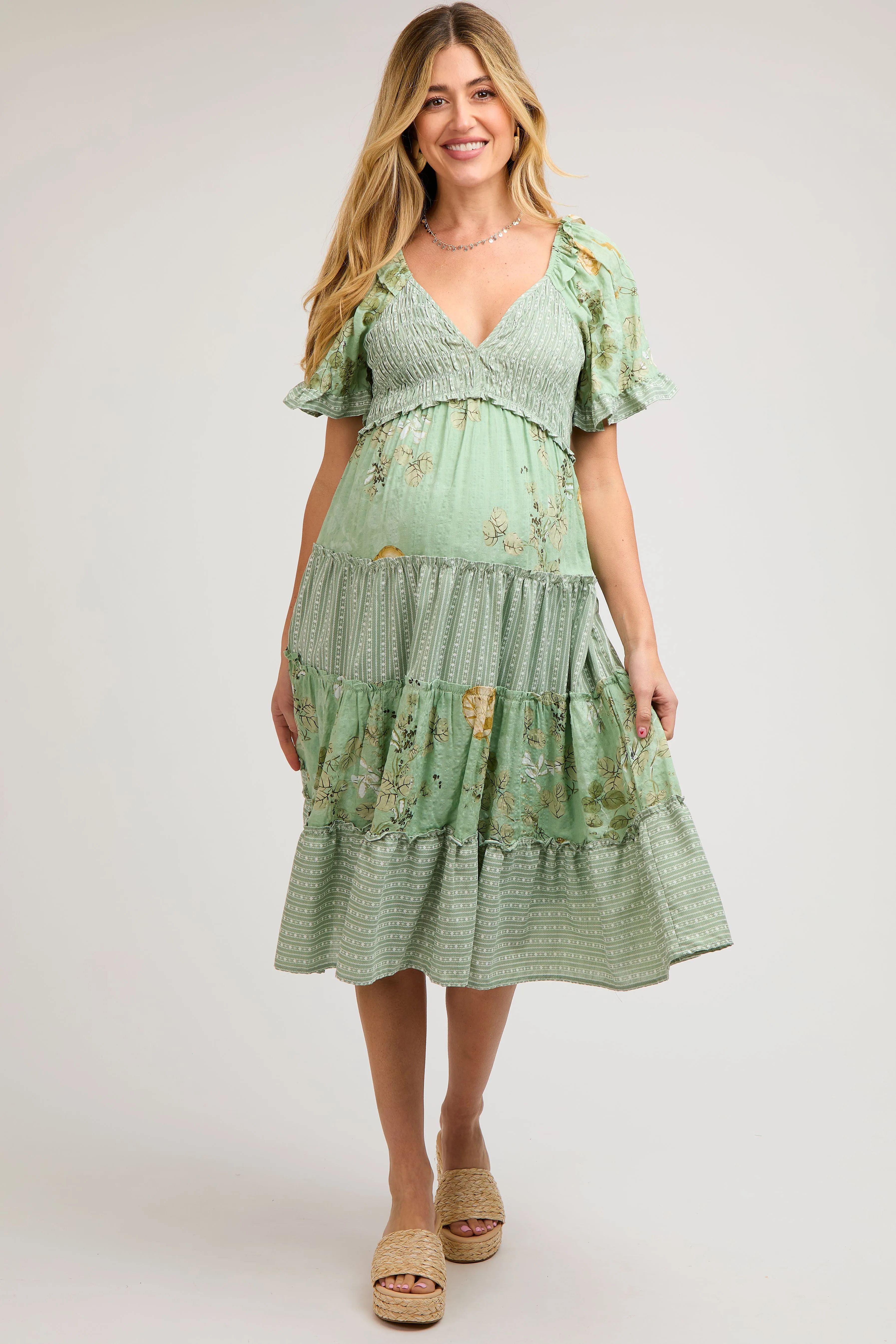 Light Green Floral V-Neck Tiered Maternity Midi Dress sold by Pinkblush