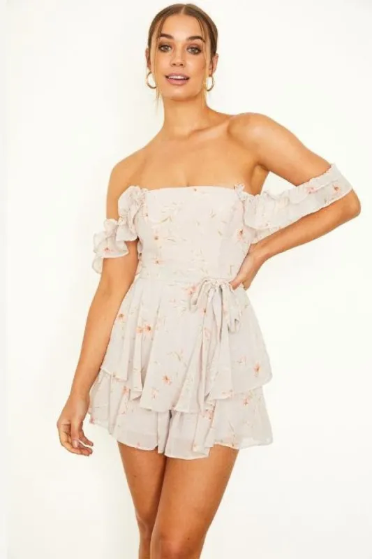 Pink Floral Ruffle Off The Shoulder Mini Romper sold by Pinkblush