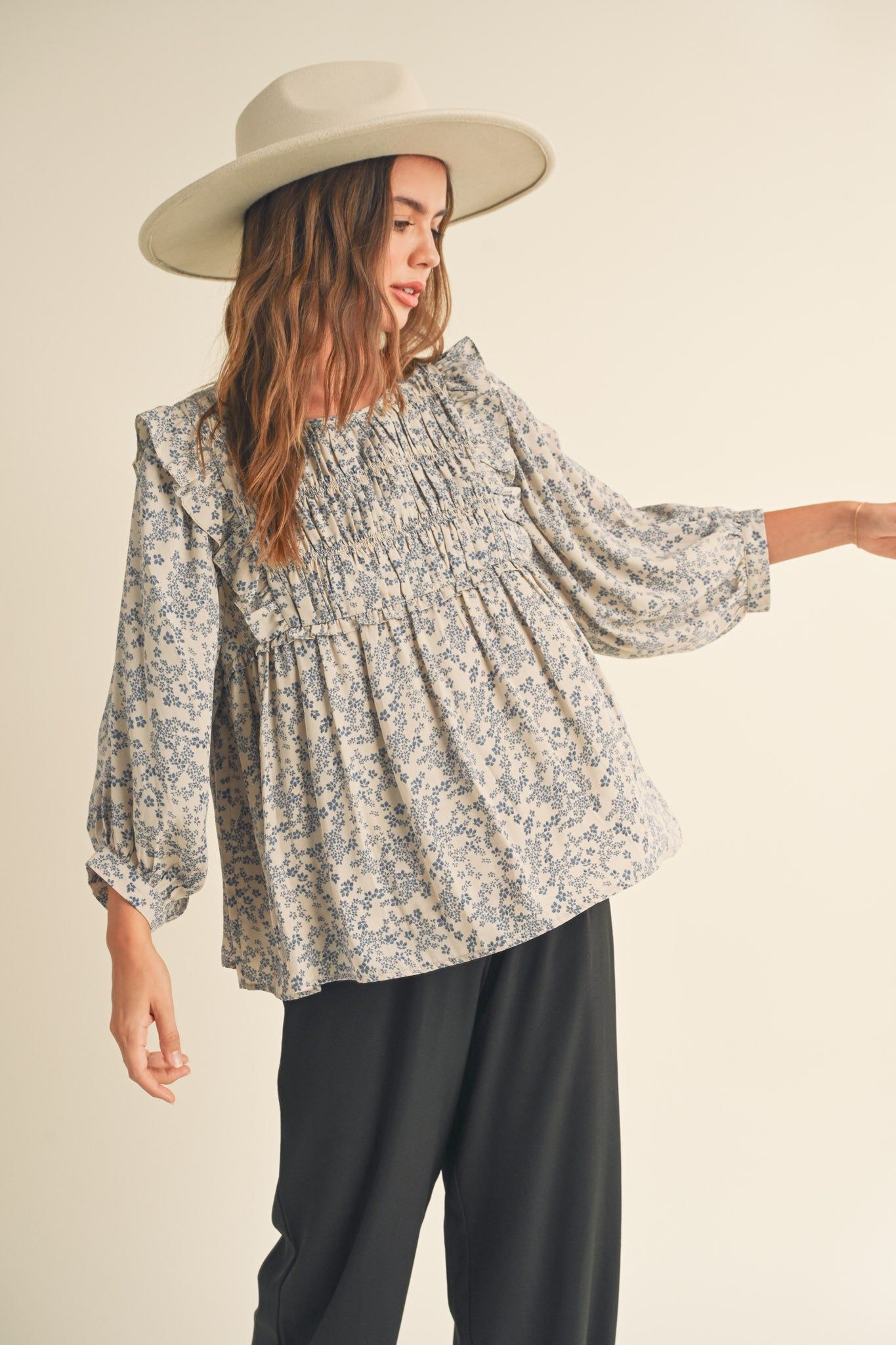 Cream Tan Floral Floral Ruffle Blouse sold by Pinkblush product image thumbnail 3