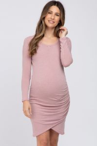 Pink Long Sleeve Ruched Side Wrap Hem Maternity Dress sold by Pinkblush