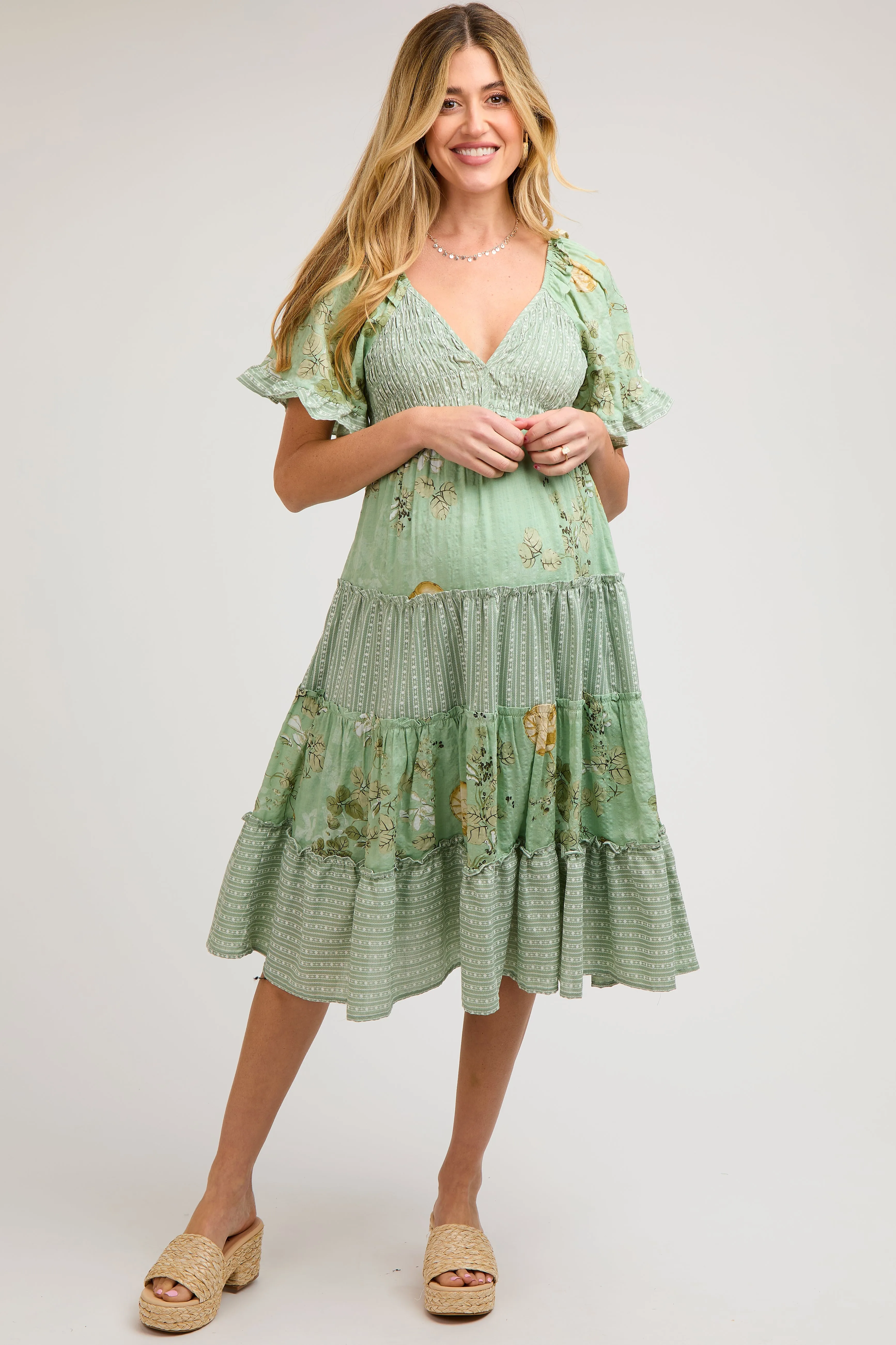 Light Green Floral V-Neck Tiered Maternity Midi Dress sold by Pinkblush product image thumbnail 2