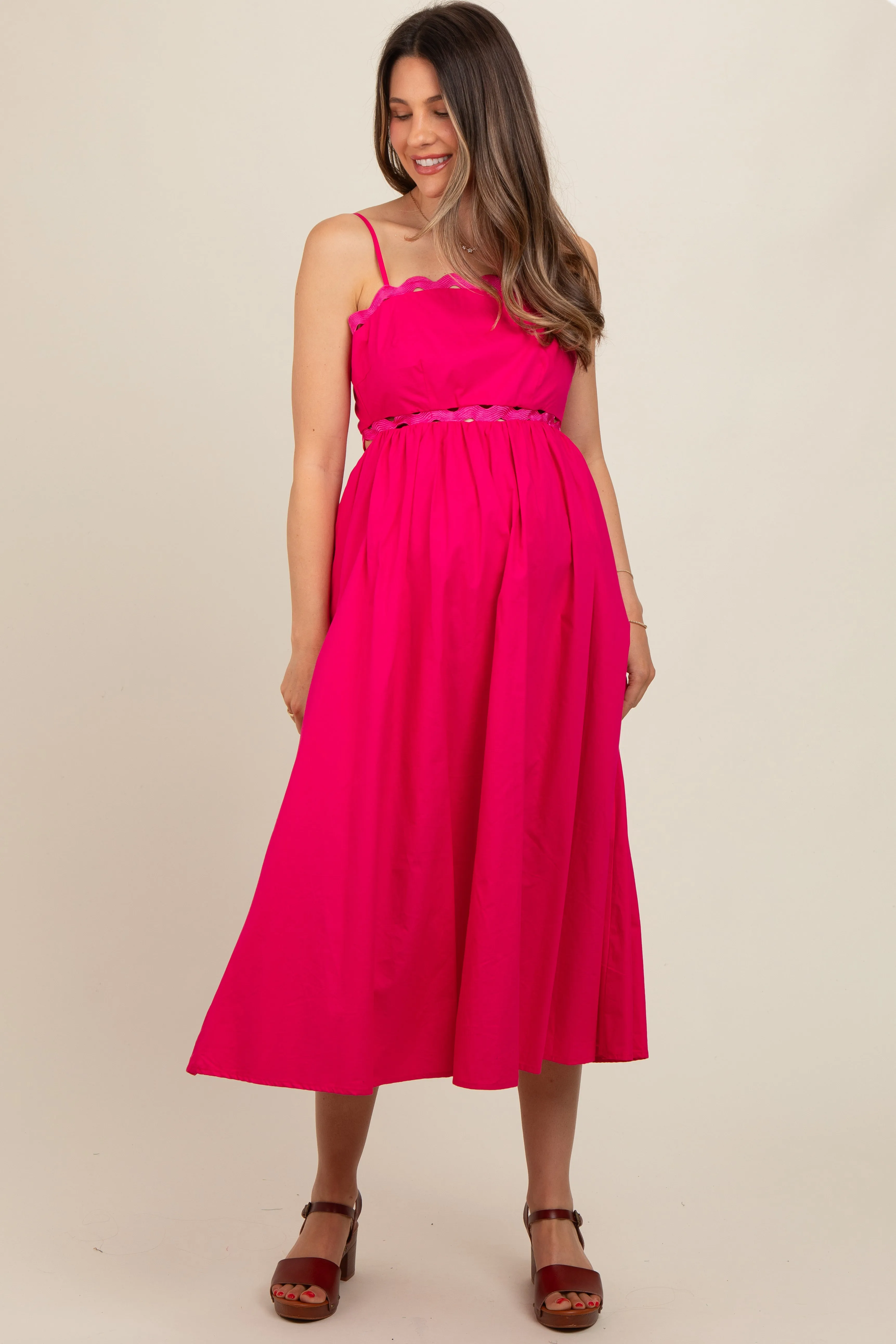 Fuchsia Scalloped Trim Cutout Back Maternity Maxi Dress sold by Pinkblush