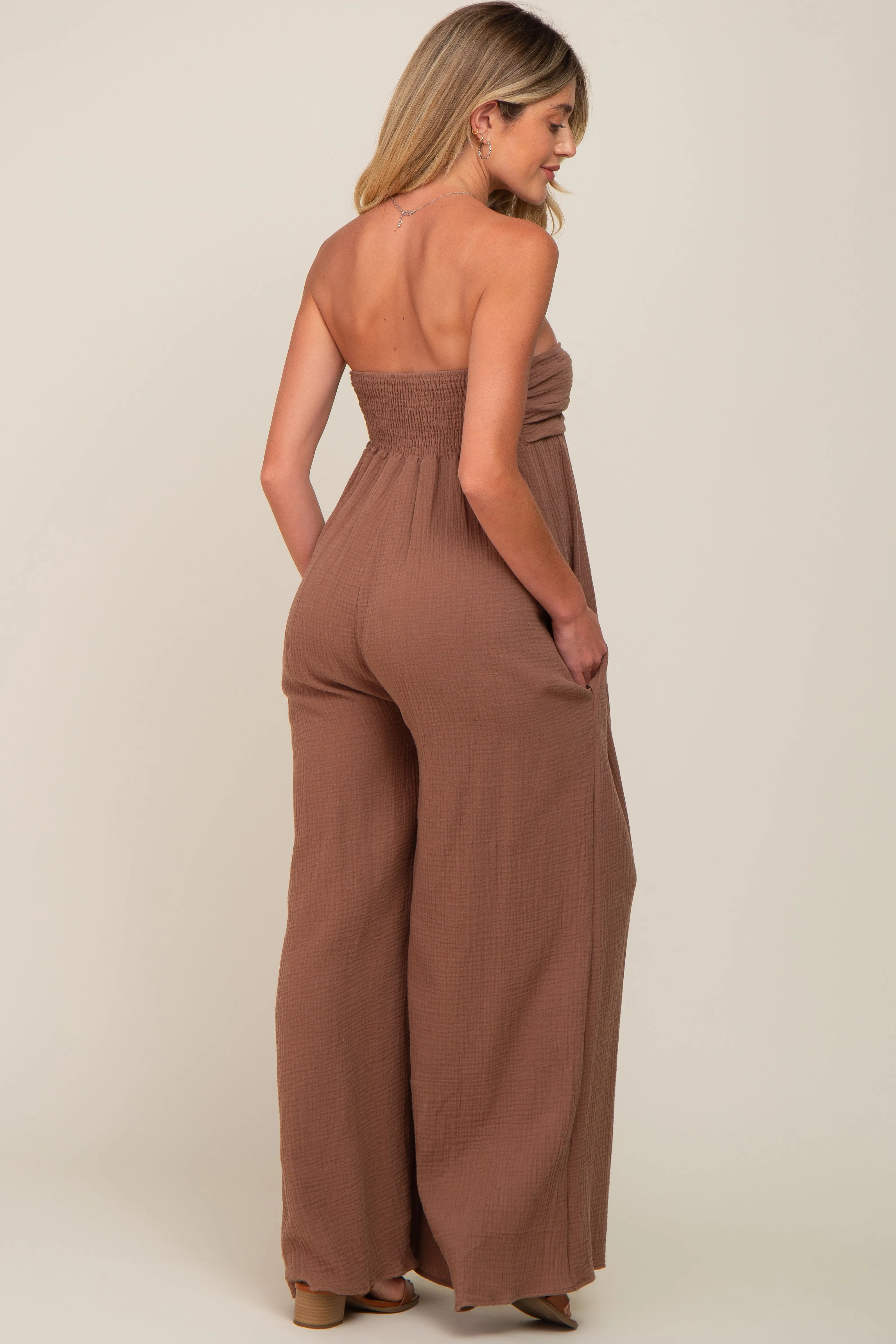 Mocha Strapless Front Twist Maternity Jumpsuit sold by Pinkblush product image thumbnail 3
