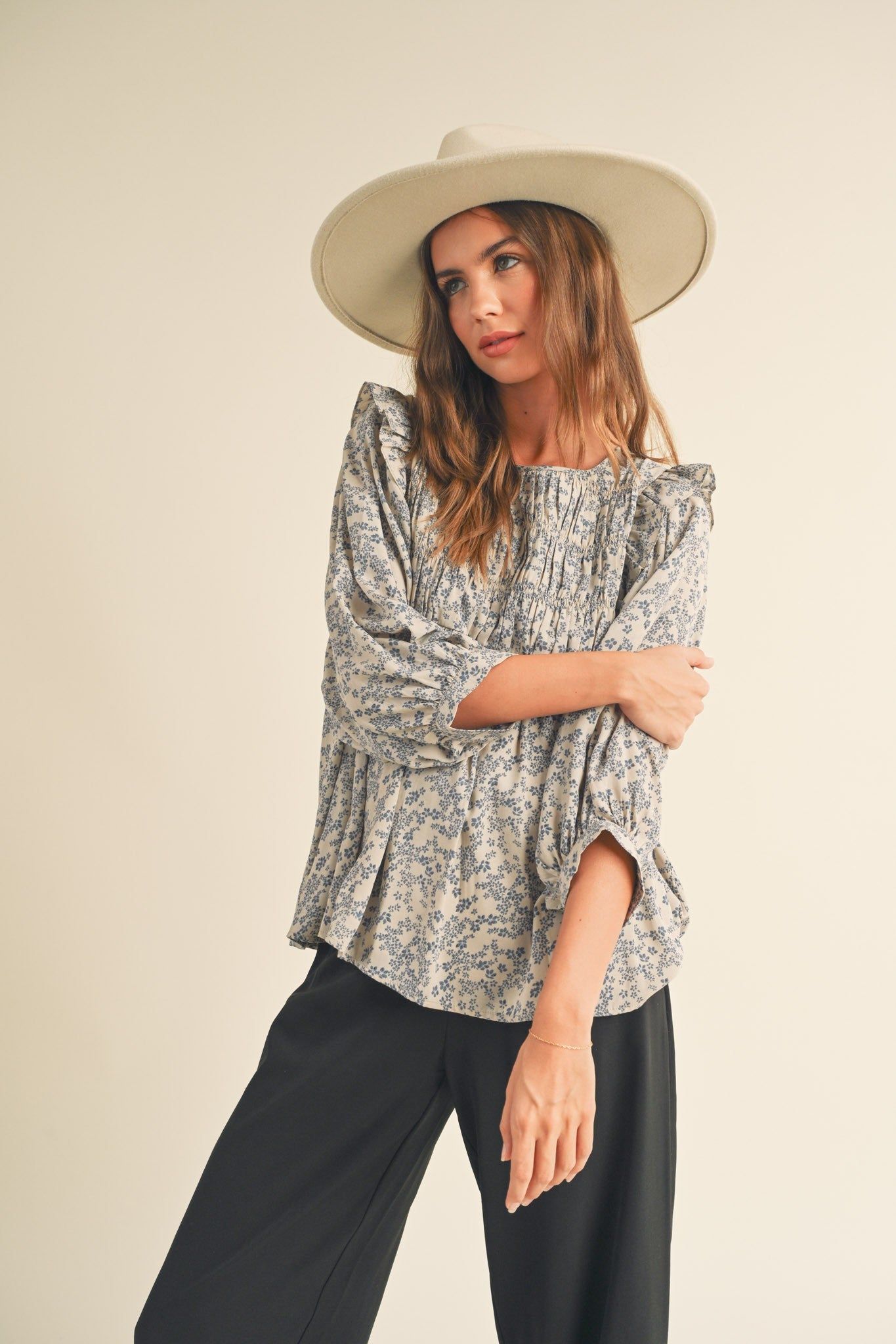 Cream Tan Floral Floral Ruffle Blouse sold by Pinkblush product image thumbnail 4