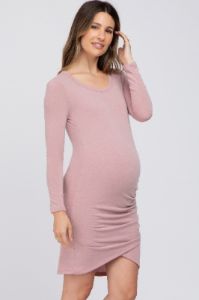 Pink Long Sleeve Ruched Side Wrap Hem Maternity Dress sold by Pinkblush