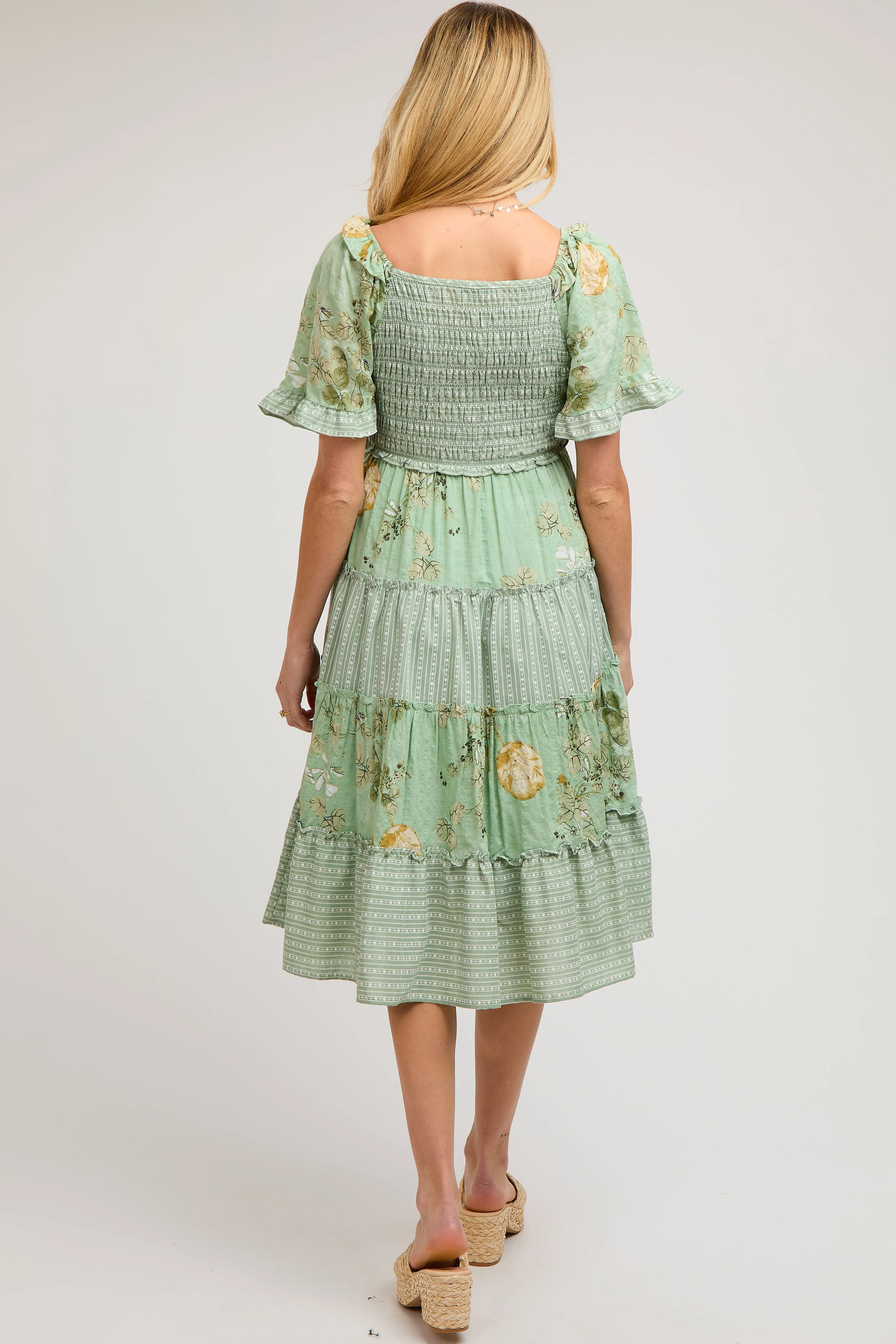 Light Green Floral V-Neck Tiered Maternity Midi Dress sold by Pinkblush product image thumbnail 3