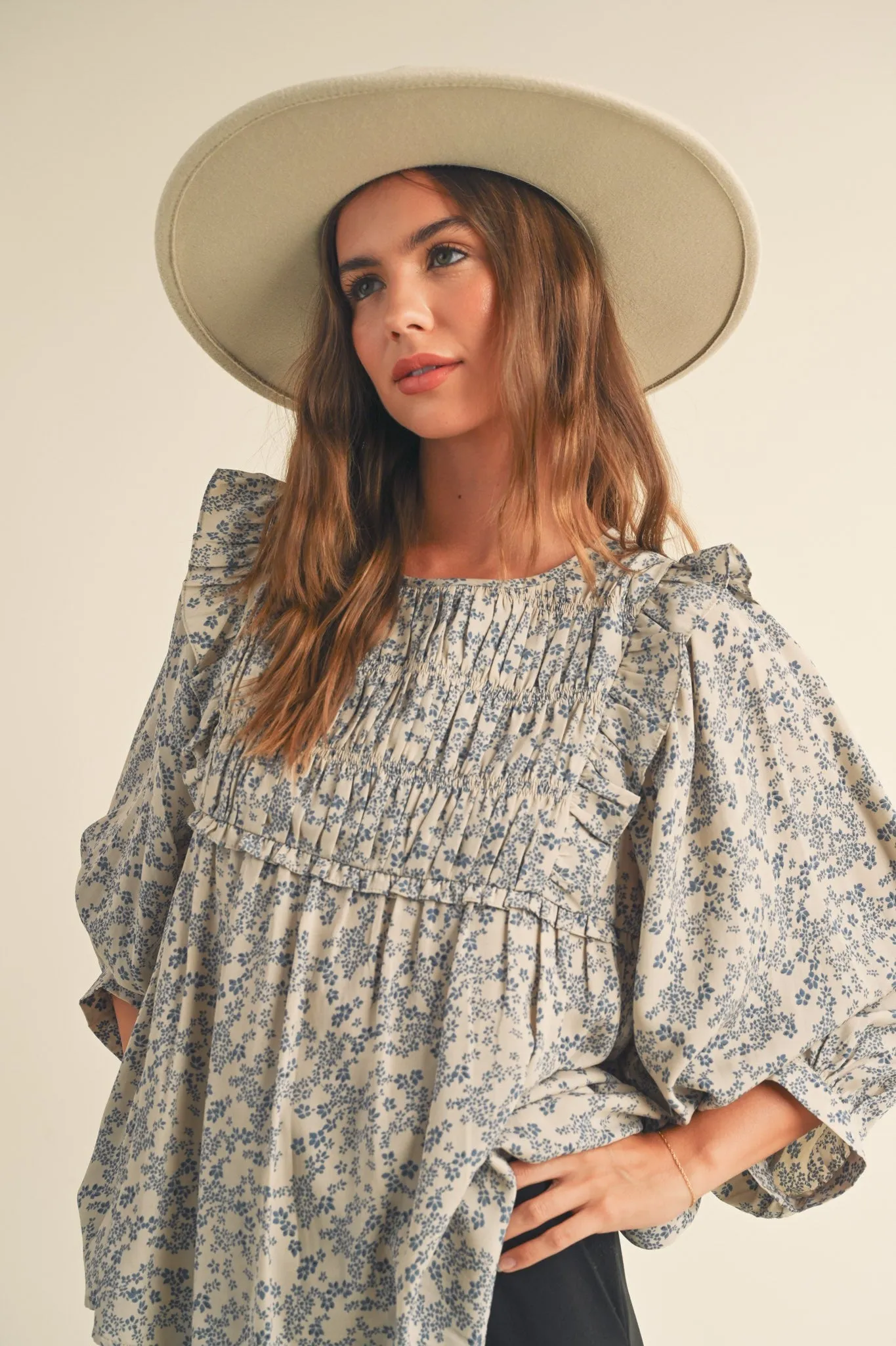 Blue Floral Ruffle Blouse sold by Pinkblush