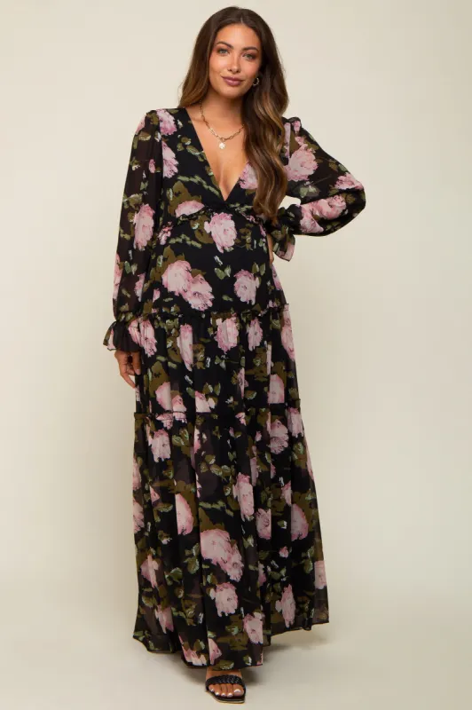 Black Floral Chiffon V-Neck Lettuce Edge Tiered Maternity Maxi Dress sold by Pinkblush