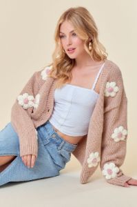 Taupe Floral Knit Button Front Maternity Cardigan sold by Pinkblush