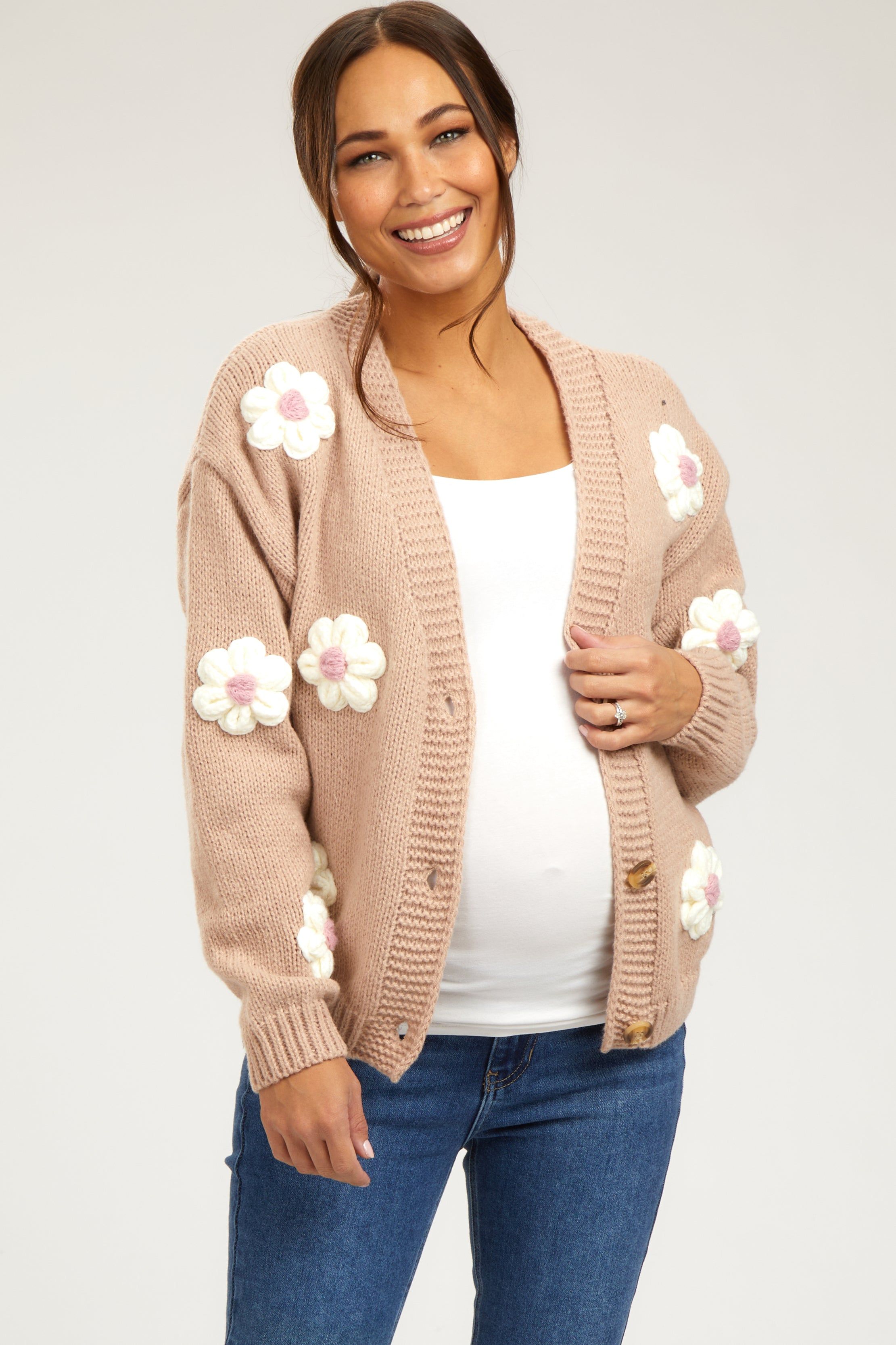 Taupe Floral Knit Button Front Maternity Cardigan sold by Pinkblush