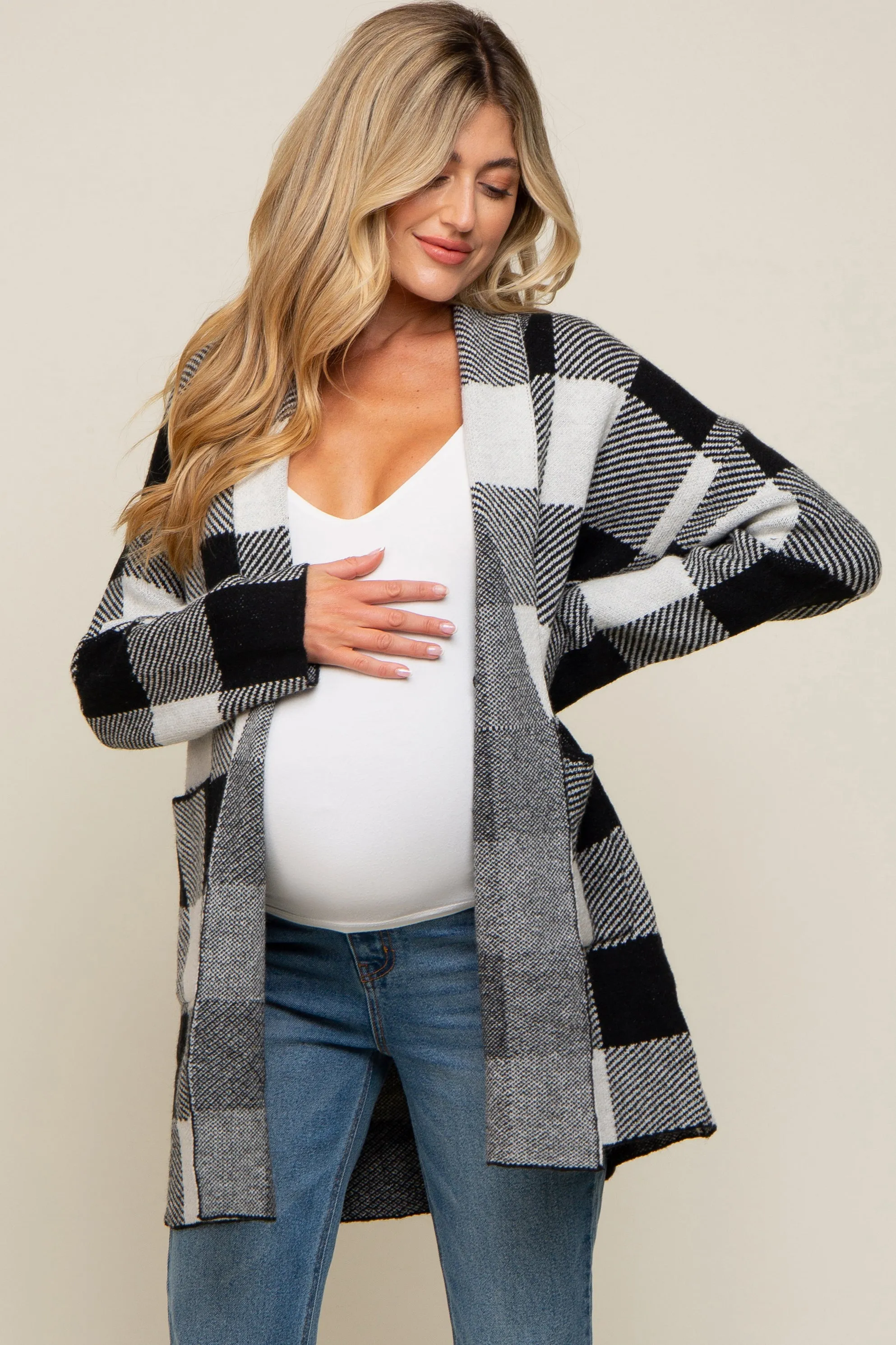 Black Plaid Shawl Maternity Cardigan sold by Pinkblush product image thumbnail 2