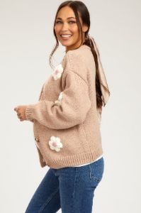 Taupe Floral Knit Button Front Maternity Cardigan sold by Pinkblush