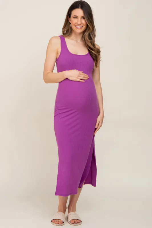 Purple Ribbed Side Slit Maternity Midi Dress sold by Pinkblush