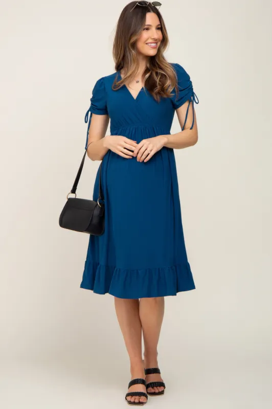 Deep Teal Cinched Sleeve Maternity Midi Dress sold by Pinkblush