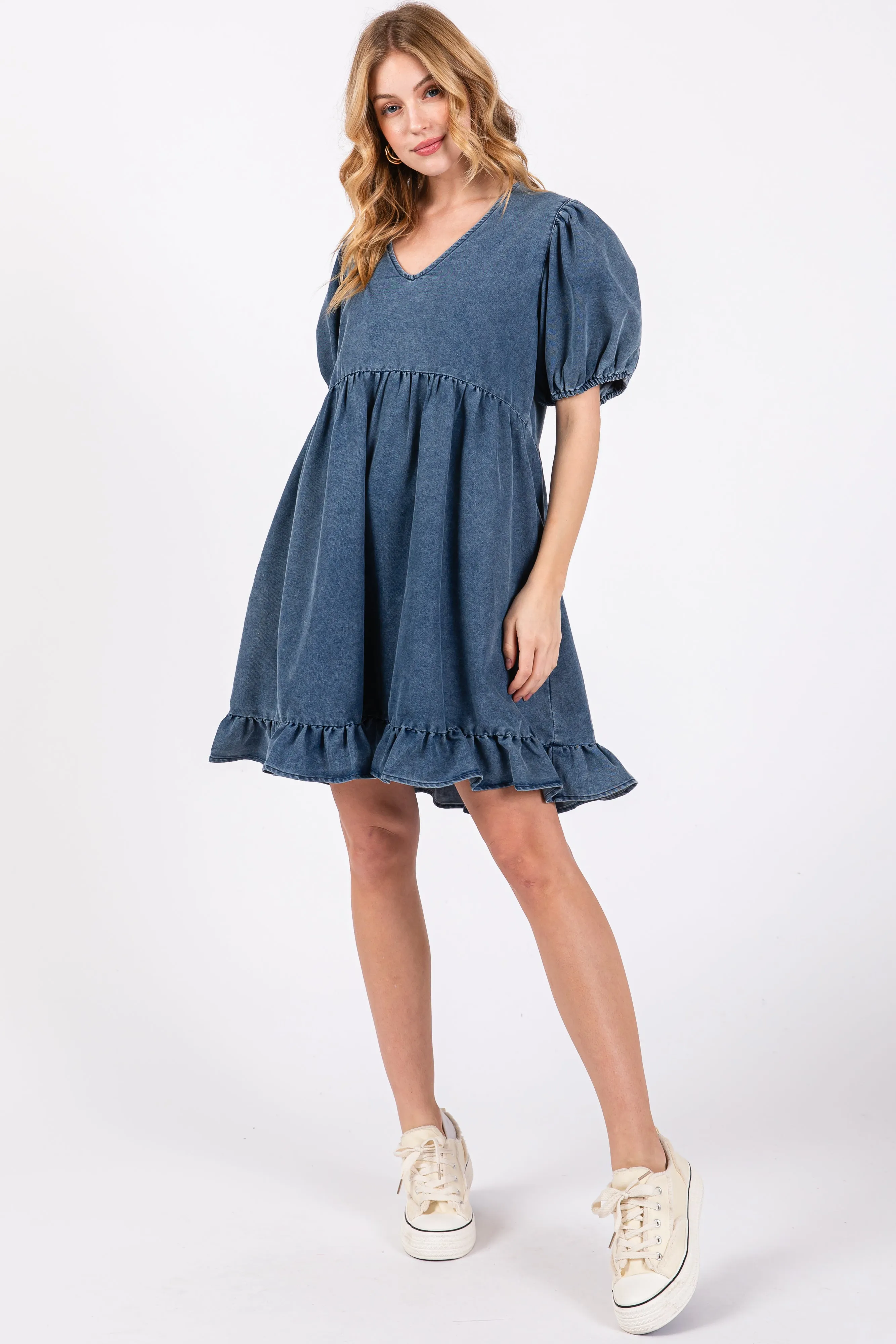 Blue Chambray Puff Sleeve Maternity Dress sold by Pinkblush product image thumbnail 4