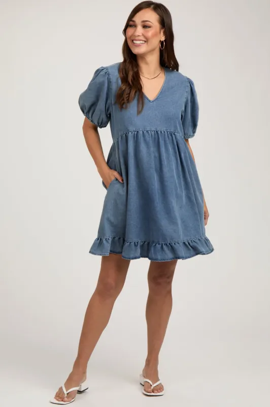 Blue Chambray Puff Sleeve Maternity Dress sold by Pinkblush
