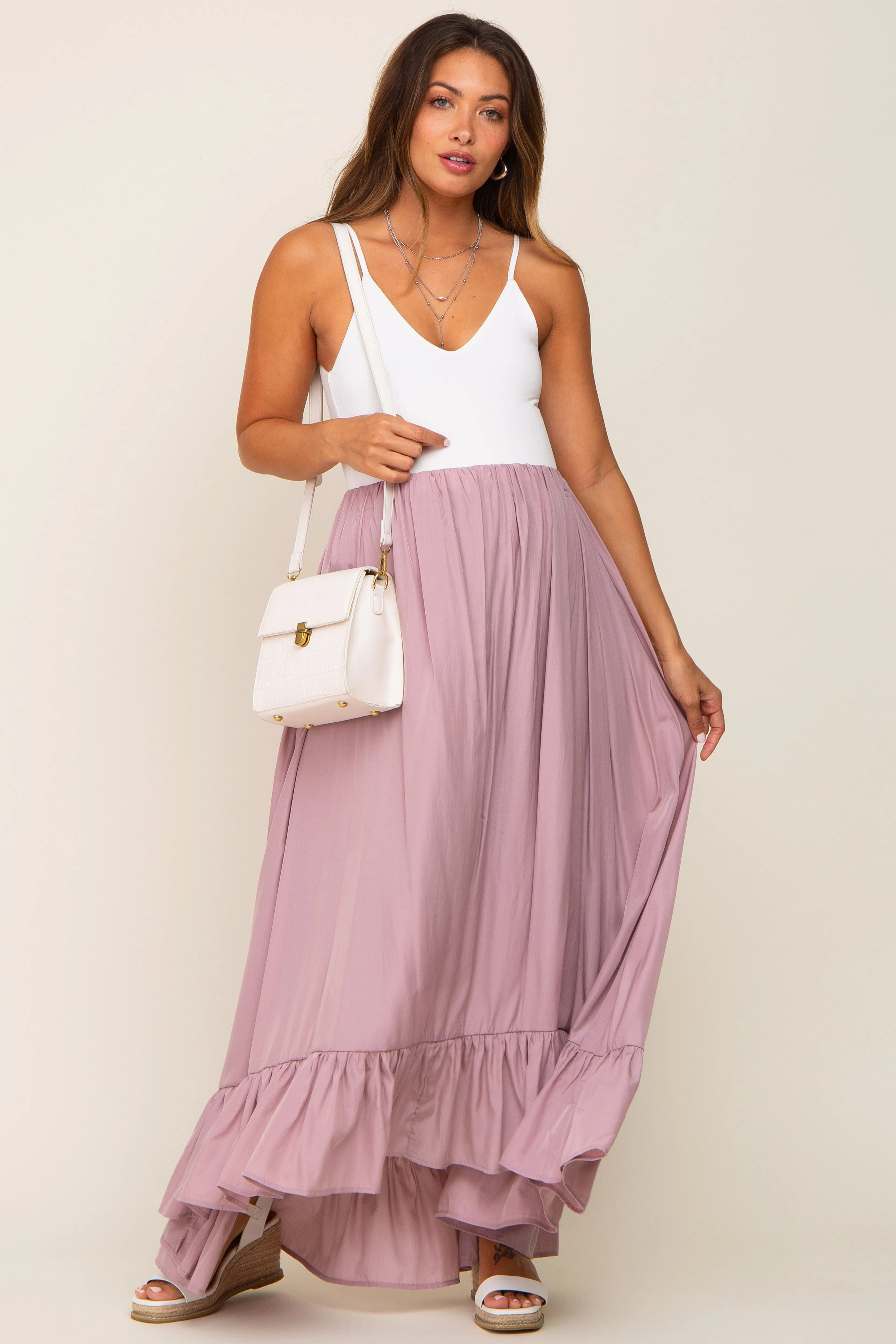 Mauve Ruffle Hem Maternity Maxi Skirt sold by Pinkblush