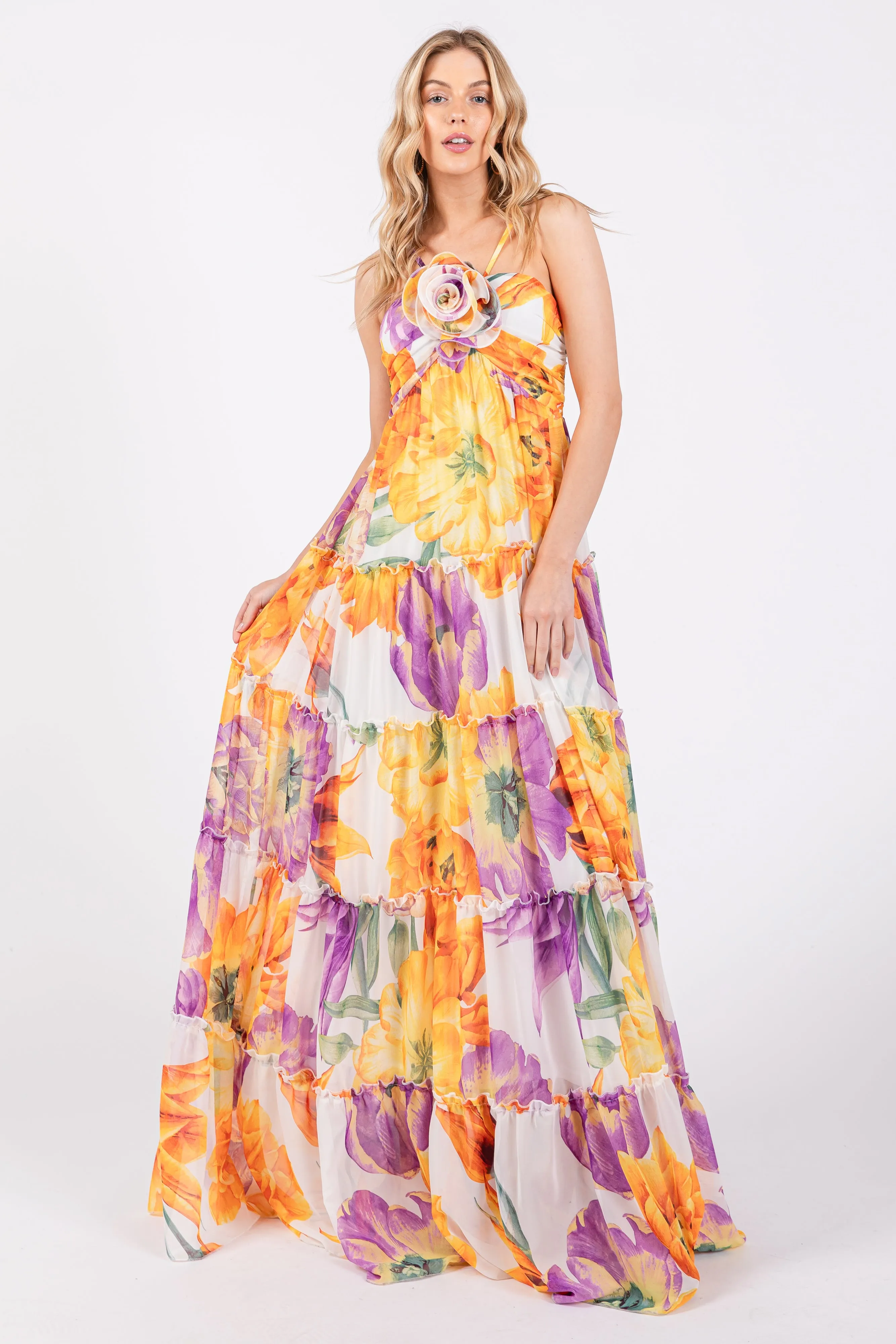 Purple Floral Top Accent Tiered Maxi Dress sold by Pinkblush