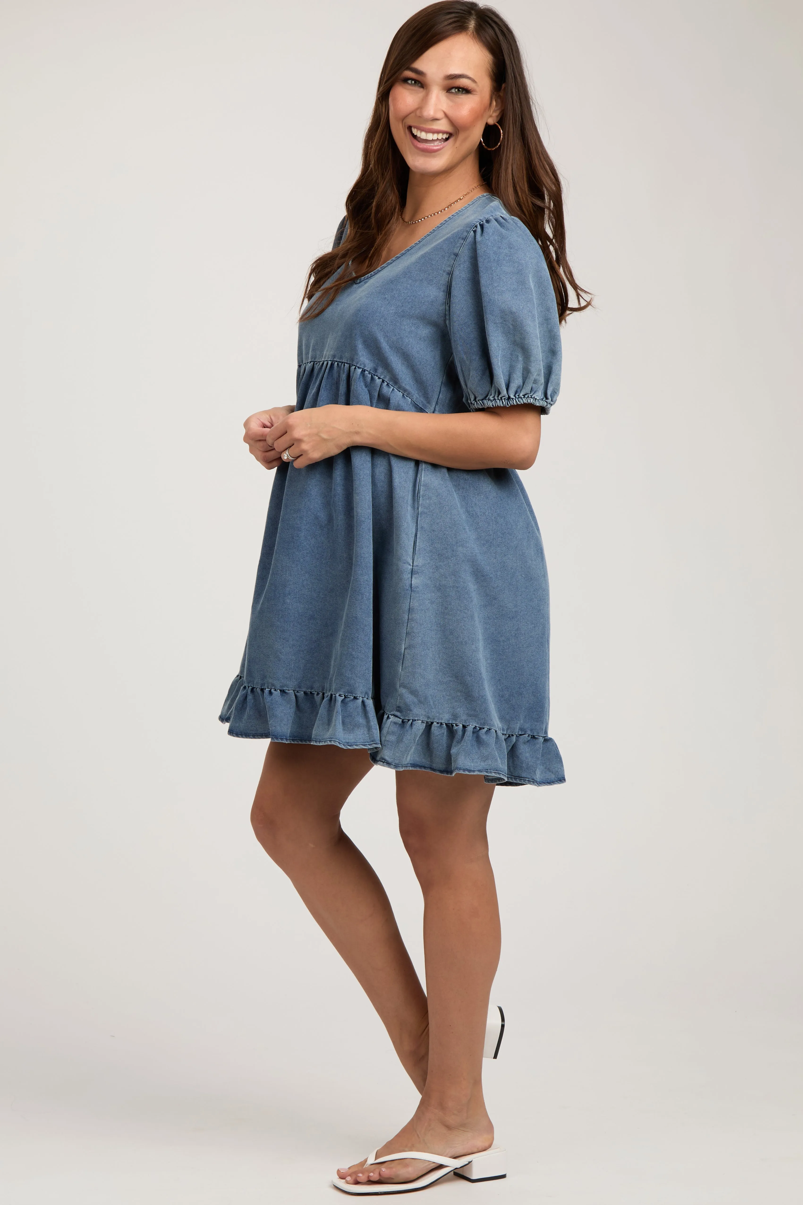 Blue Chambray Puff Sleeve Maternity Dress sold by Pinkblush product image thumbnail 2