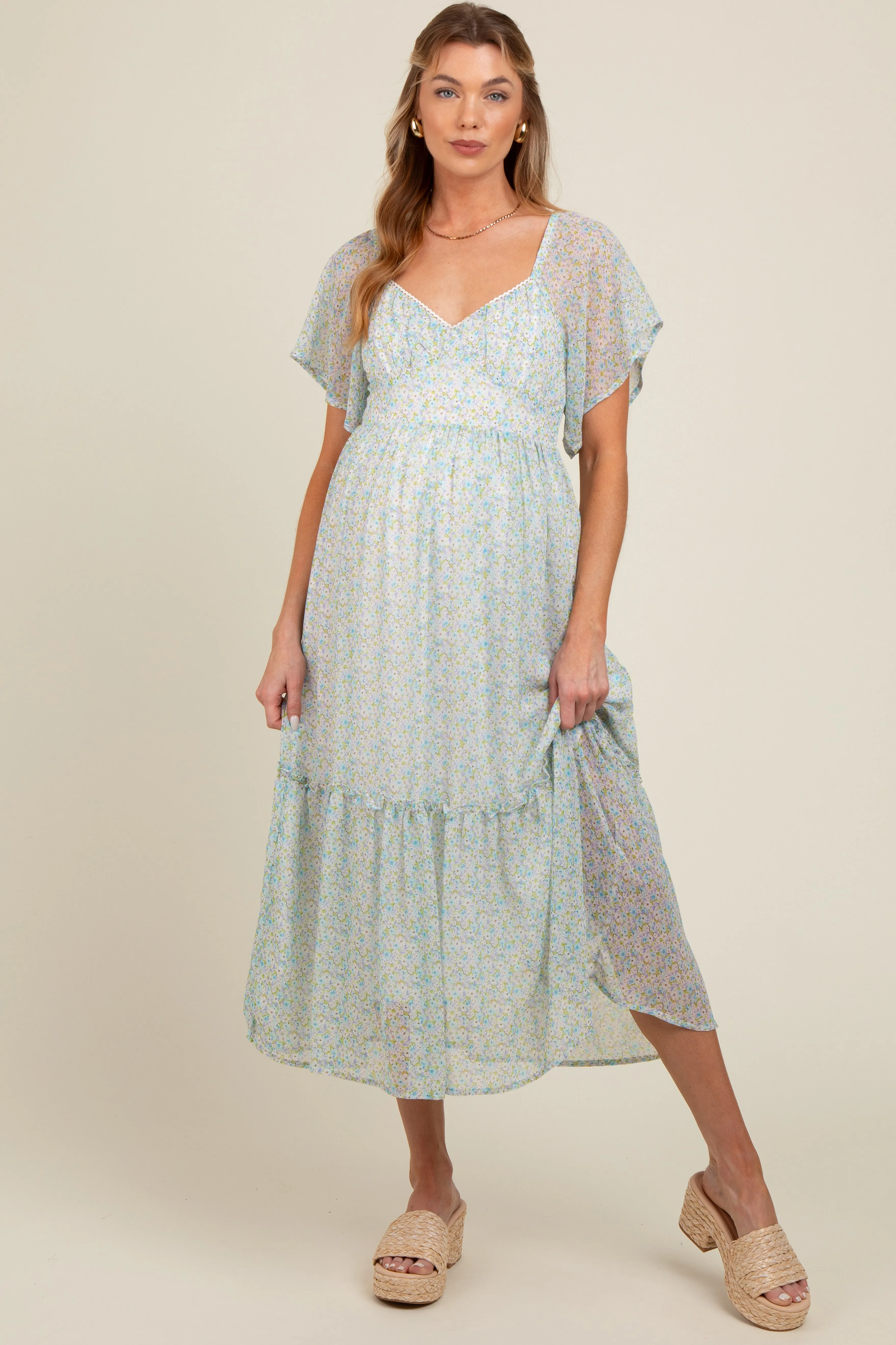 Light Blue Floral Flounce Sleeve Maternity Midi Dress sold by Pinkblush