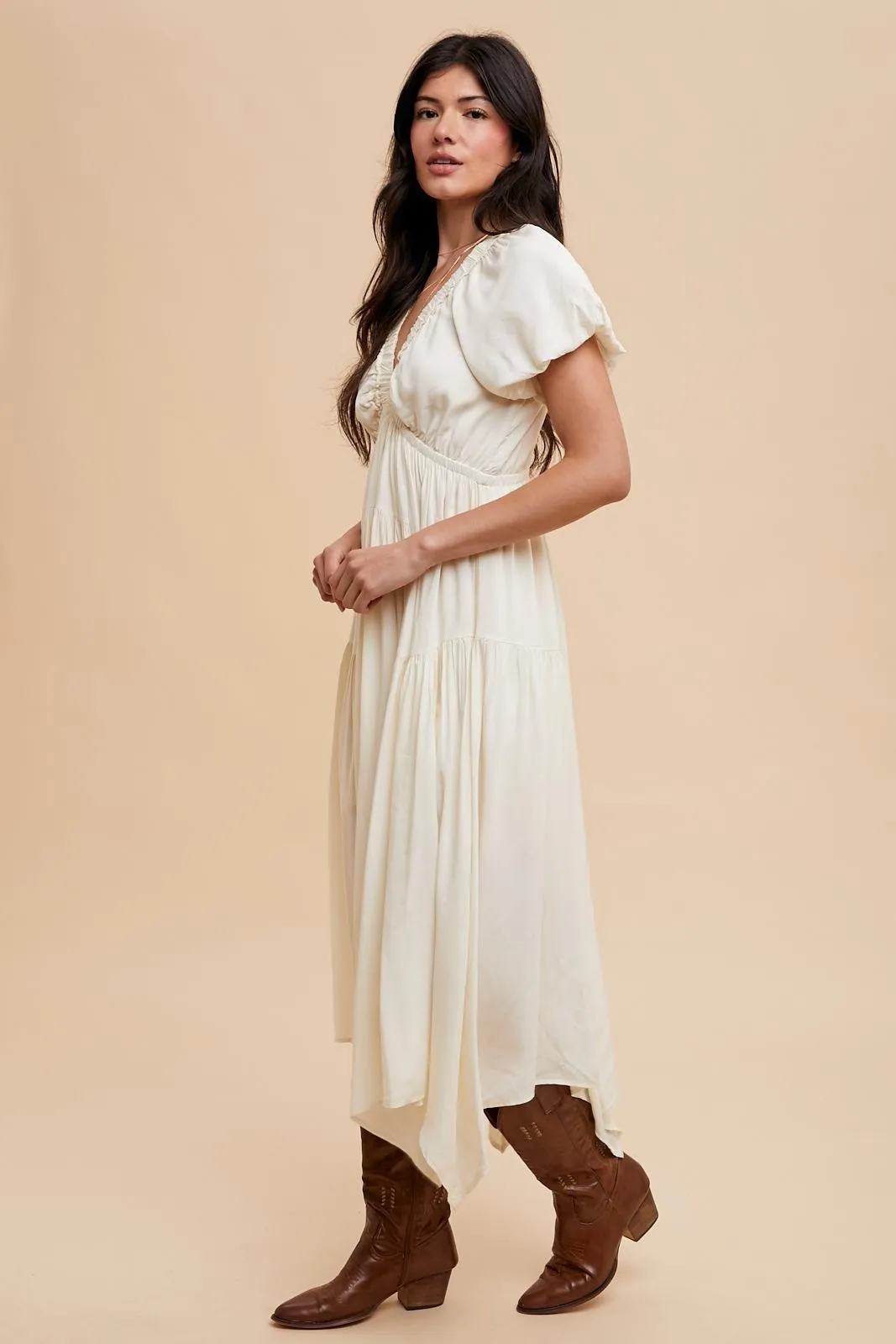 Cream Deep V-Neck Puff Short Sleeve Asymmetrical Hem Midi Dress sold by Pinkblush product image thumbnail 3