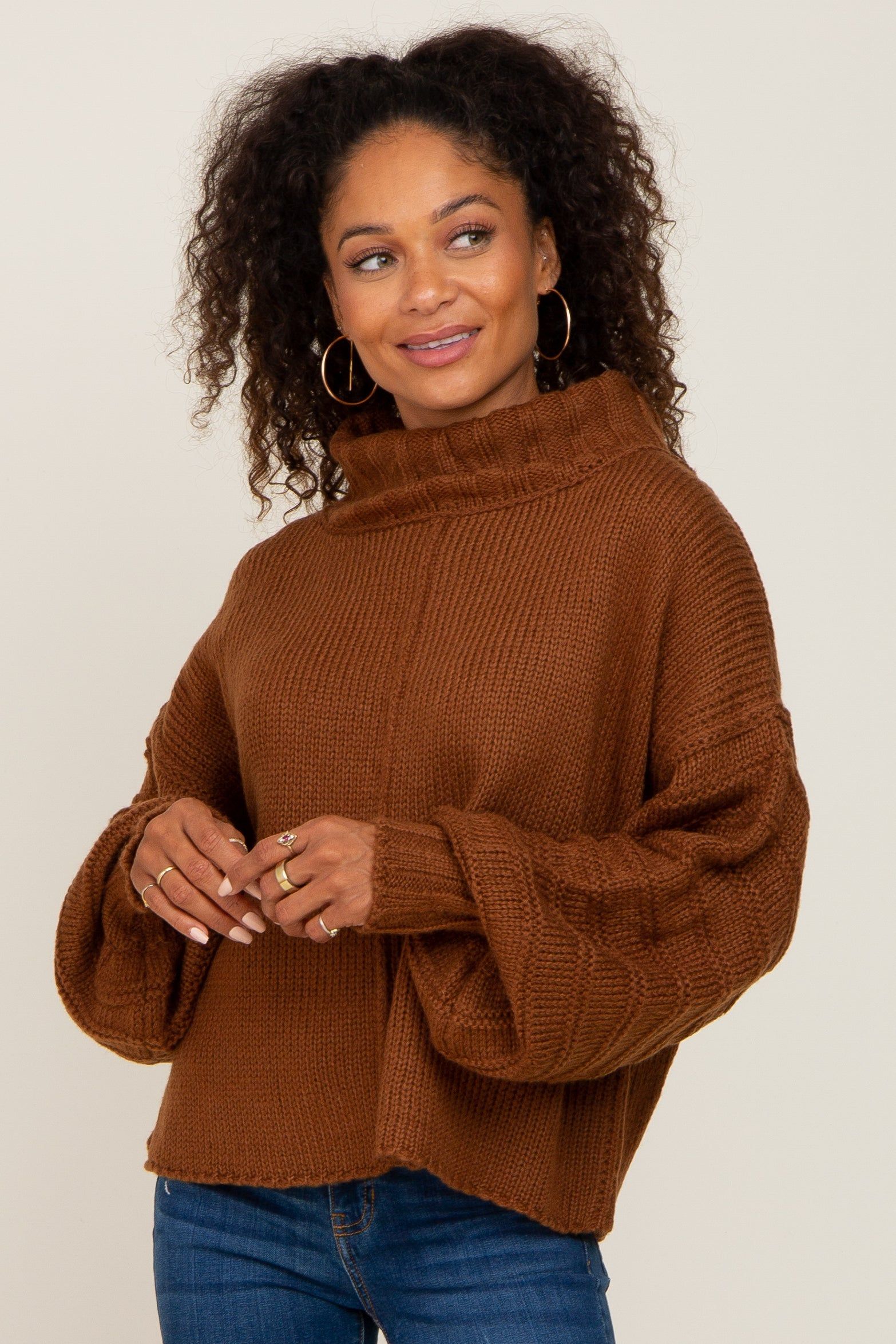 Mocha Turtle Neck Contrast Knit Maternity Sweater sold by Pinkblush product image thumbnail 5