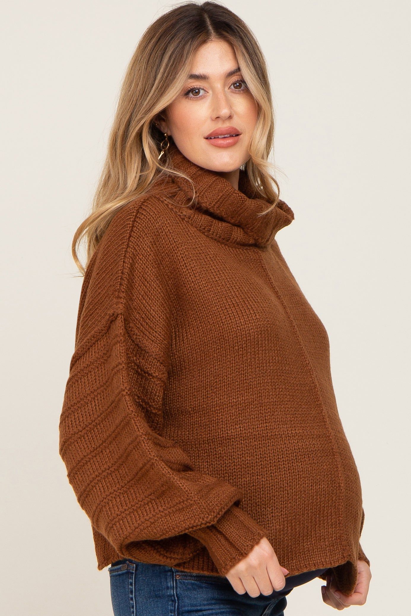 Mocha Turtle Neck Contrast Knit Maternity Sweater sold by Pinkblush product image thumbnail 2