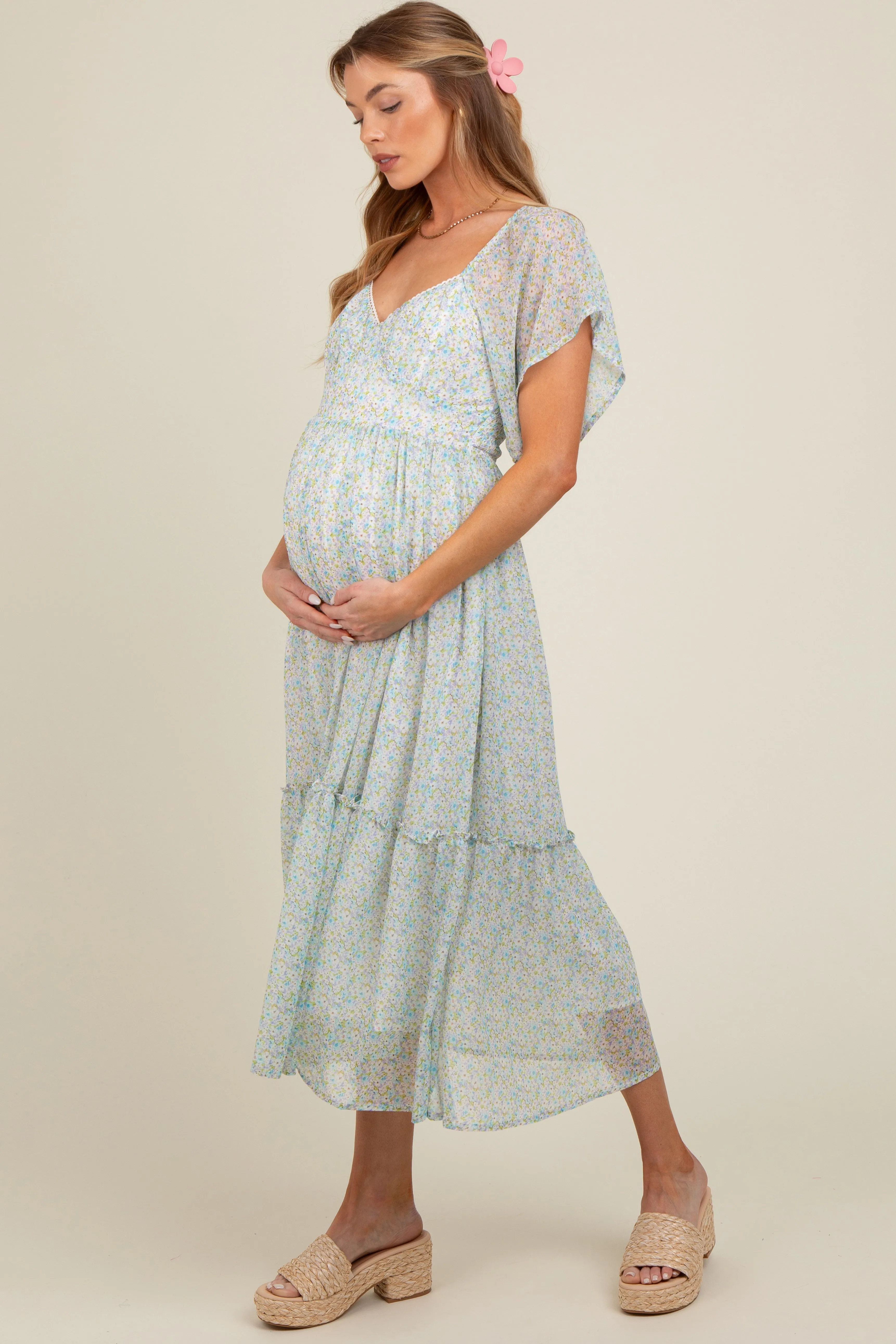 Light Blue Floral Flounce Sleeve Maternity Midi Dress sold by Pinkblush product image thumbnail 2